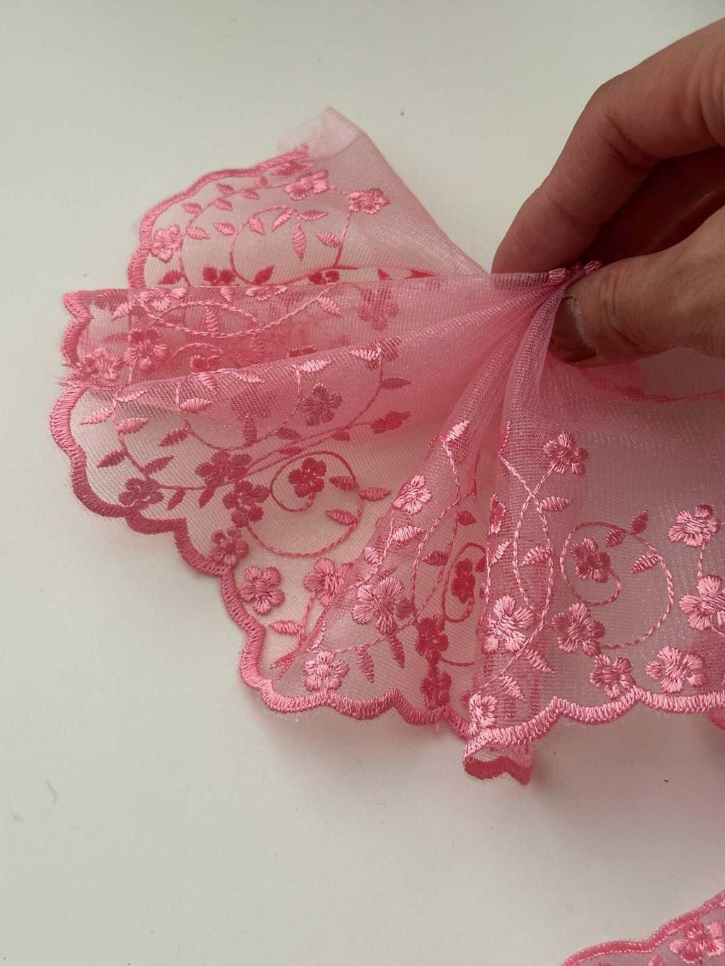 3Yds Pink Floral Mesh Lace Trim, 4.5" Embroidered Ribbon, Bulk Clearance Coquette Y2K Lace, Garment Trim, DIY Sewing, Retail Wholesale