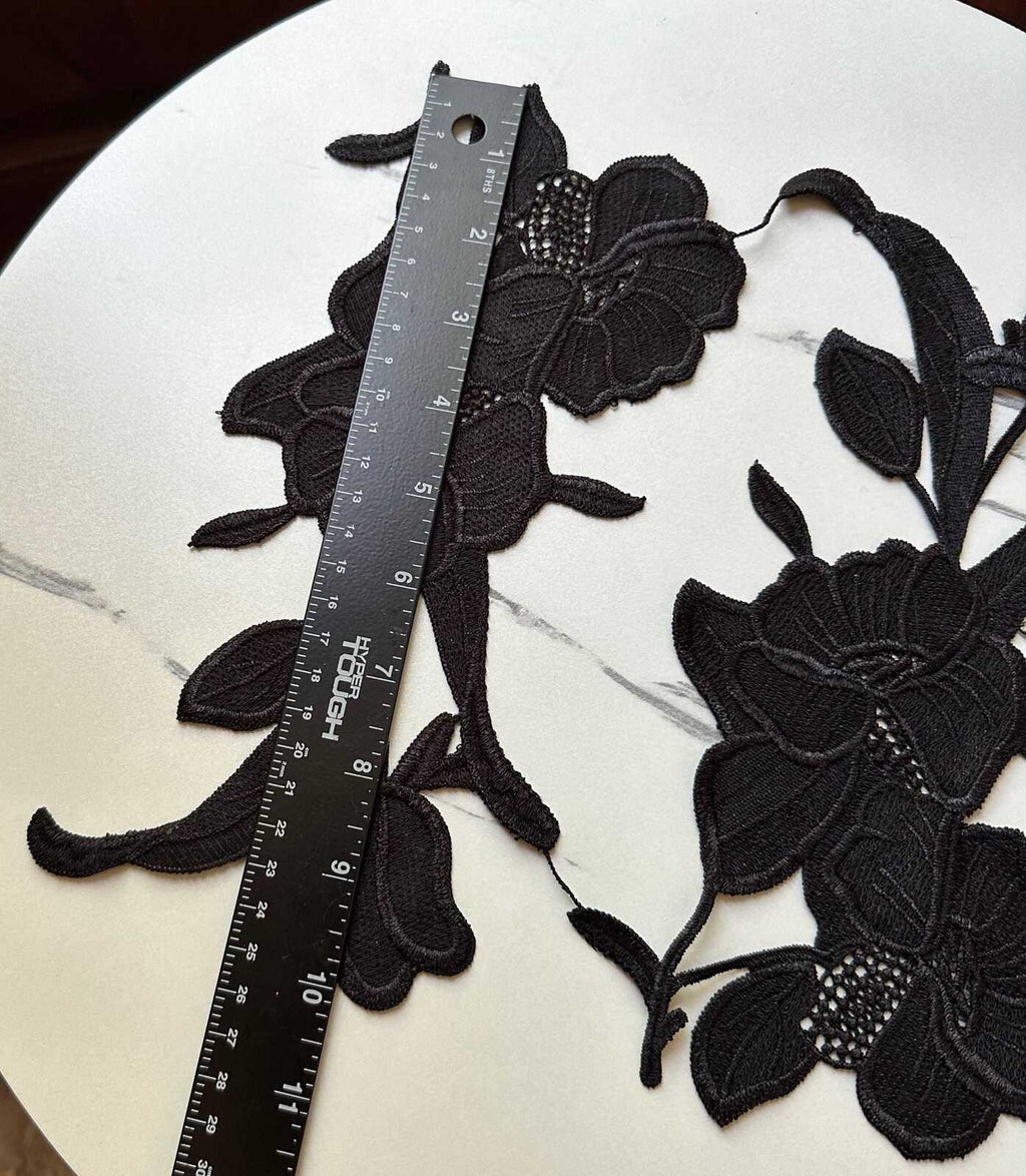Onyx Black Floral Guipure Lace Applique Motif, Symmetrical Embroidered Flower Patches Pair for Shoulder Mirror Dress Sewing, 10"x4"