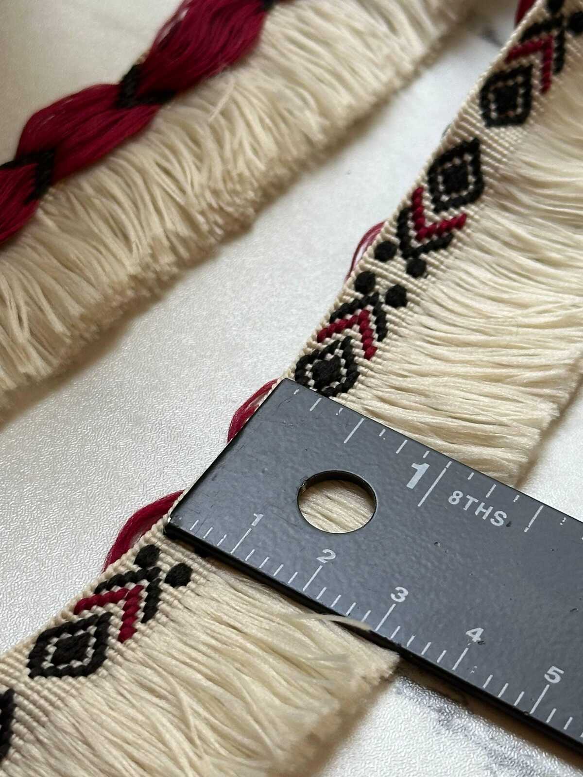 Burgundy Black Tribal Geometric Brush Fringe Trim by the Yard, Cotton Woven Jacquard Tassel Trim for Pillows Home Decor, 1.75"