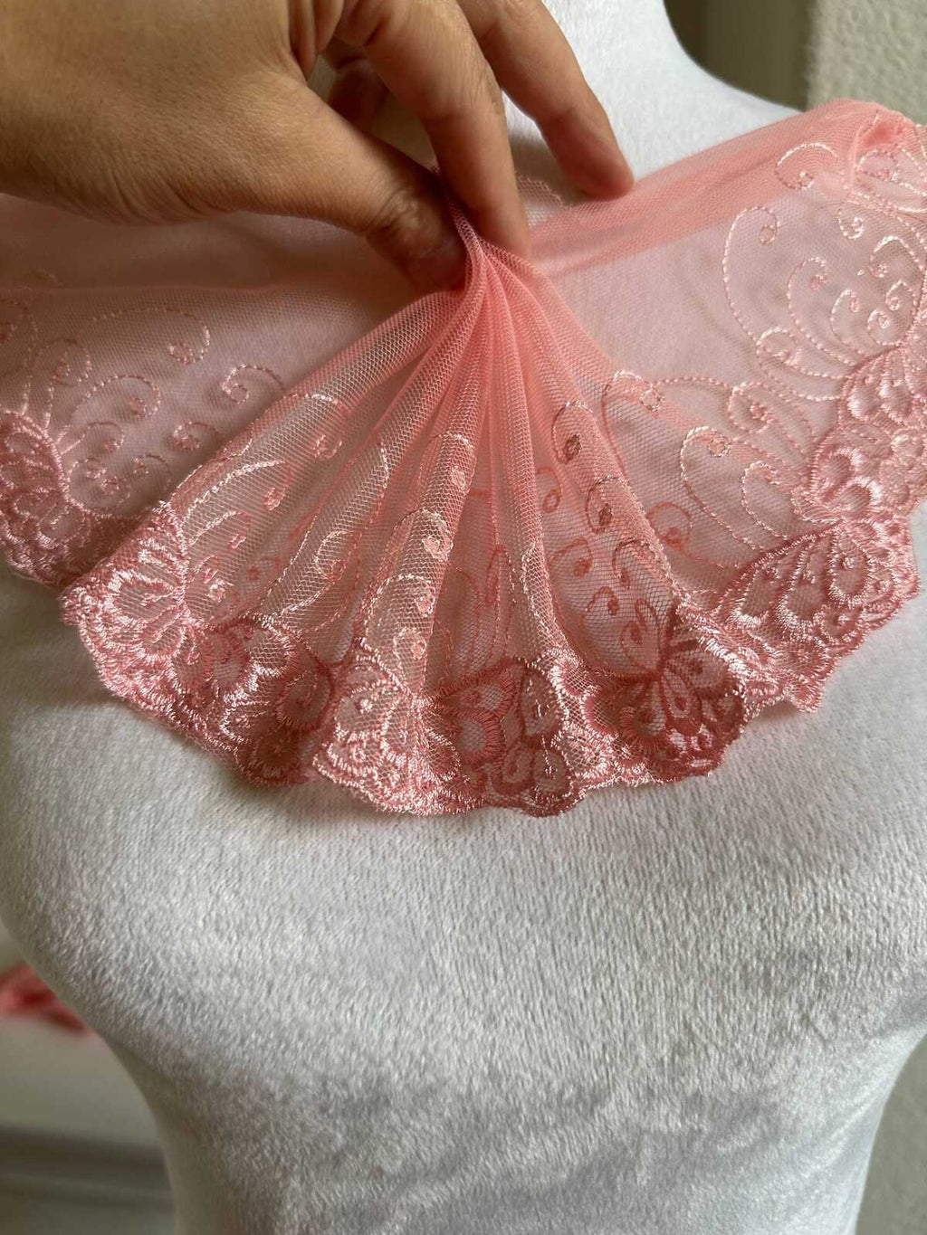 5" Pink Embroidered Mesh Lace Trim Elegant Scalloped Edge Vine Floral Tulle Ribbon for Lingerie Bridal Gowns Veil Crafts Sewing