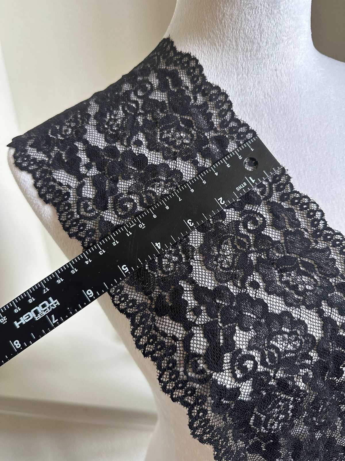 6 Inches Wide Black Elastic Lace Ribbon, Soft Floral Stretch Lace Trim for Lingerie Sewing, Costume Paneling, Bows, Crafts by the Yard