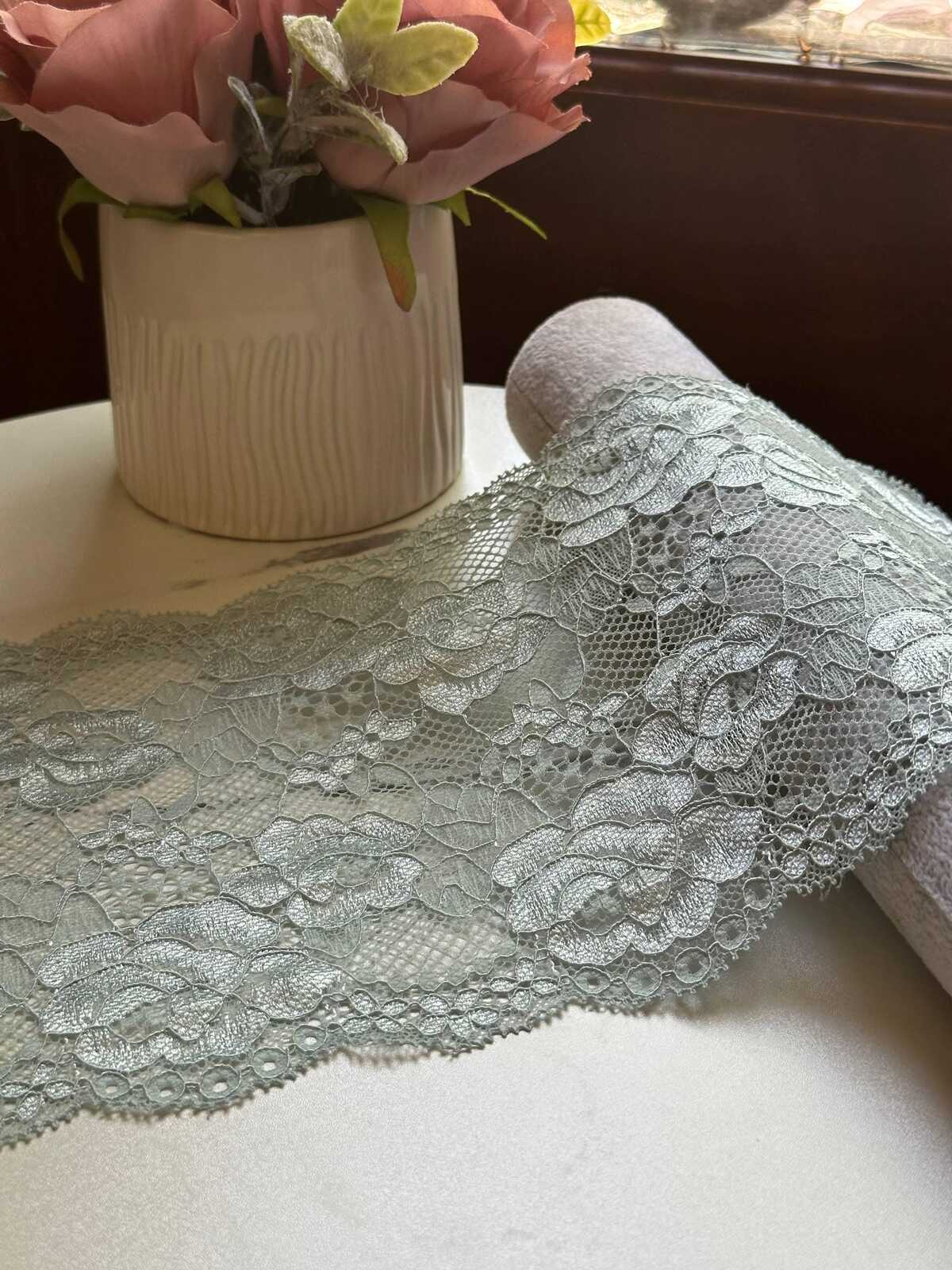 Muted Sage Dust Floral Stretch Lace Trim by the Yard, Wide Elastic Galloon Lace Trim for Lingerie Bridal Crafts, 6.5"