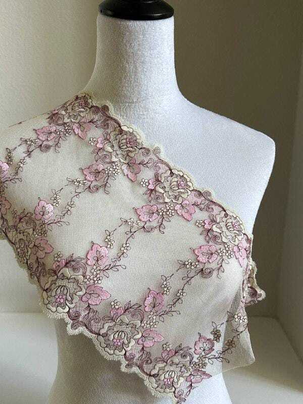 7.5 Inch Wide Soft Mesh Lace Trim, Pink Floral Eyelash Tulle Ribbon for Sewing, Luxurious Bridal Craft