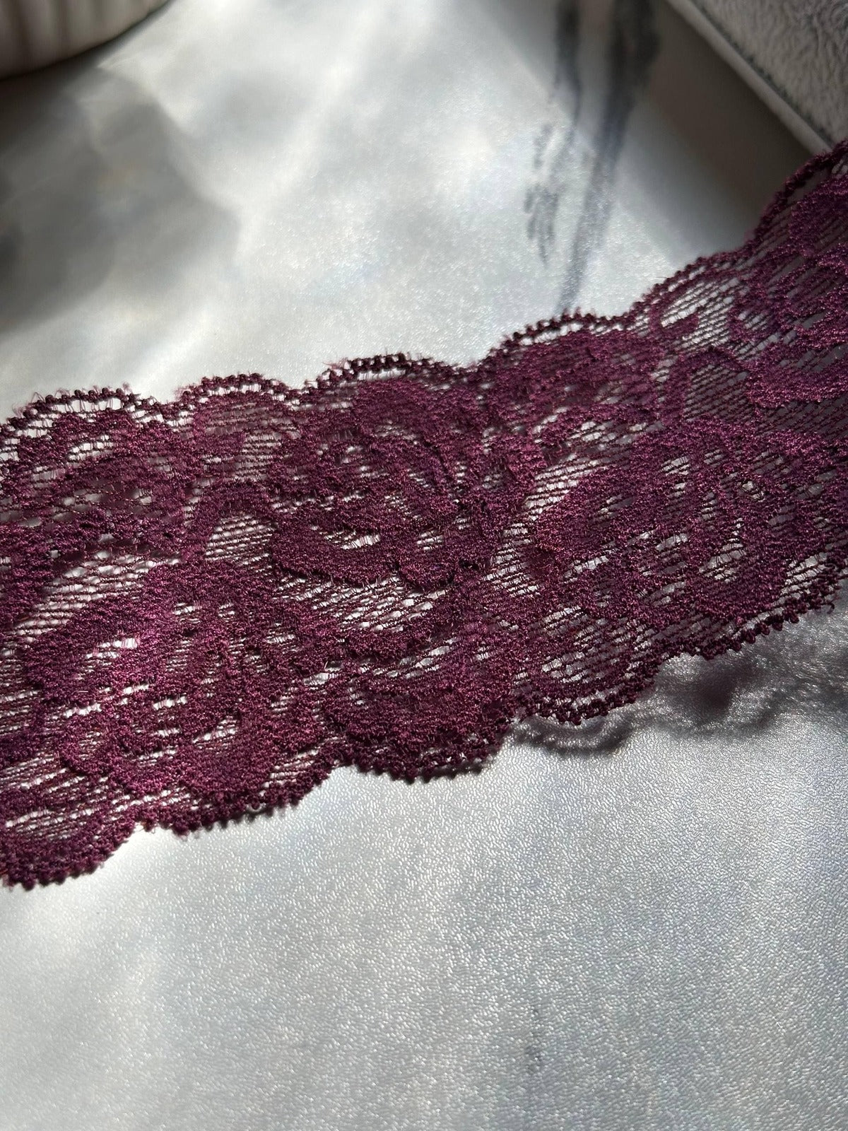 10yds Burgundy Wine Floral Stretch Elastic Lace Trim by the Yard, Wide Scalloped Galloon Ribbon for Lingerie Bridal Sewing Crafts, 2.2"