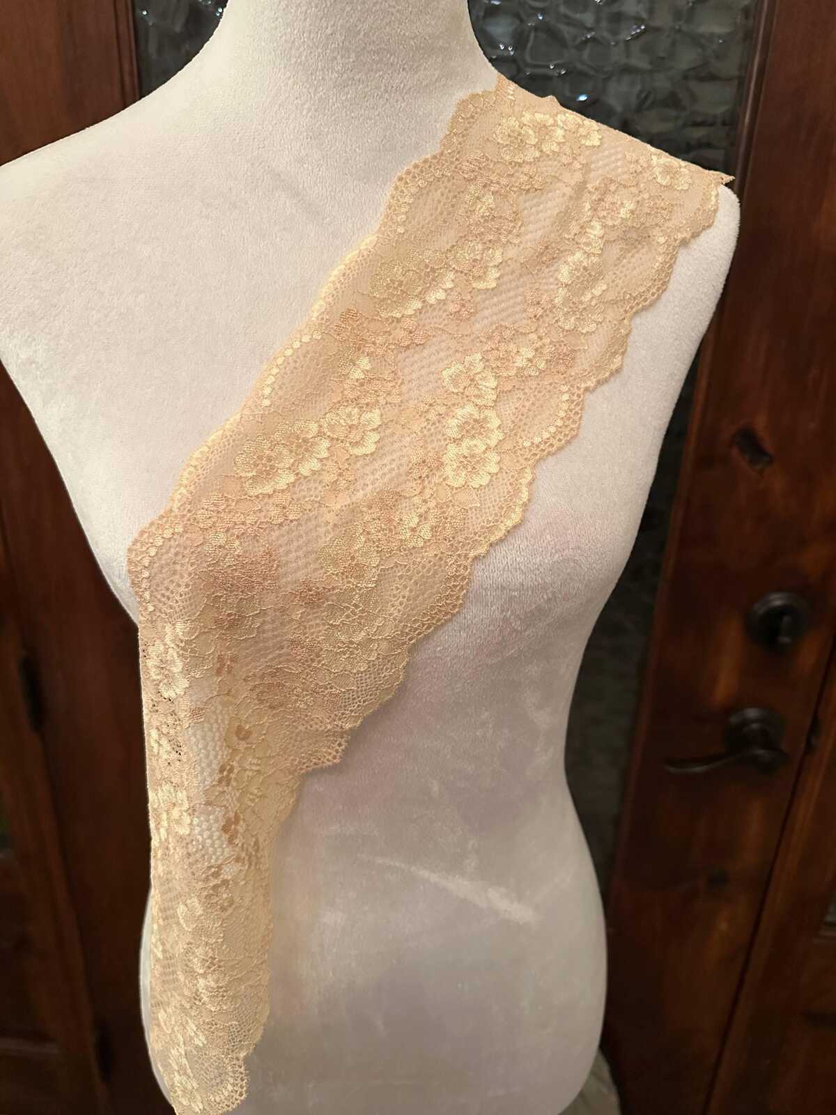 Champagne Gold Floral Stretch Elastic Lace Trim Symmetrical Double Scalloped Wide Galloon Ribbon for Lingerie Gowns Crafts, 4.5"
