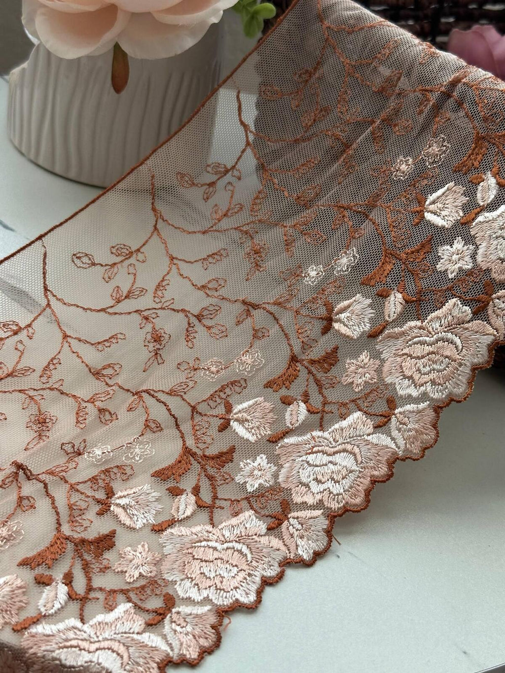 3Yds Non-Stretch 6.3" Autumn Terracotta Rust Floral Embroidered Mesh Lace Trim