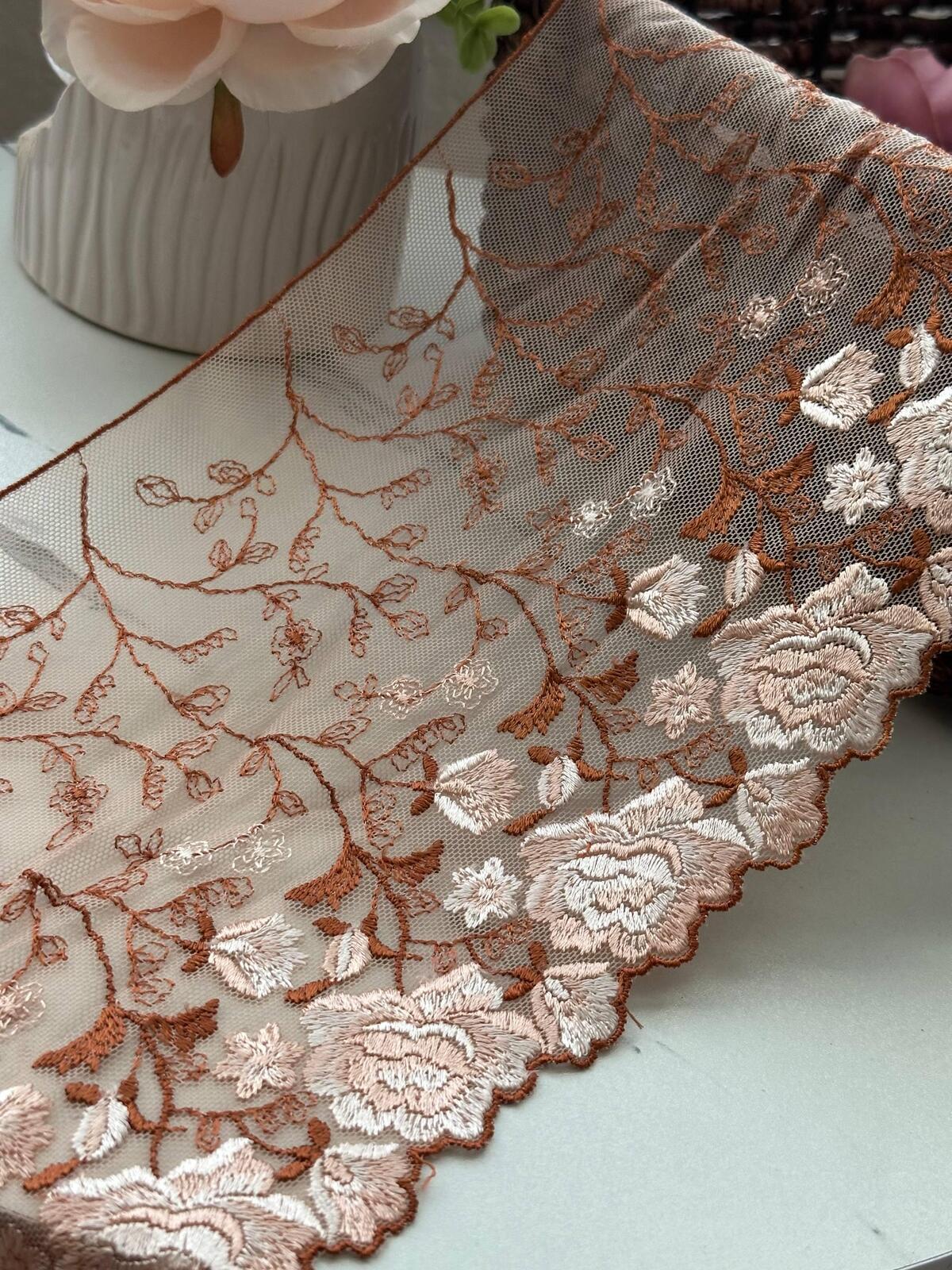 3Yds Non-Stretch 6.3" Autumn Terracotta Rust Floral Embroidered Mesh Lace Trim