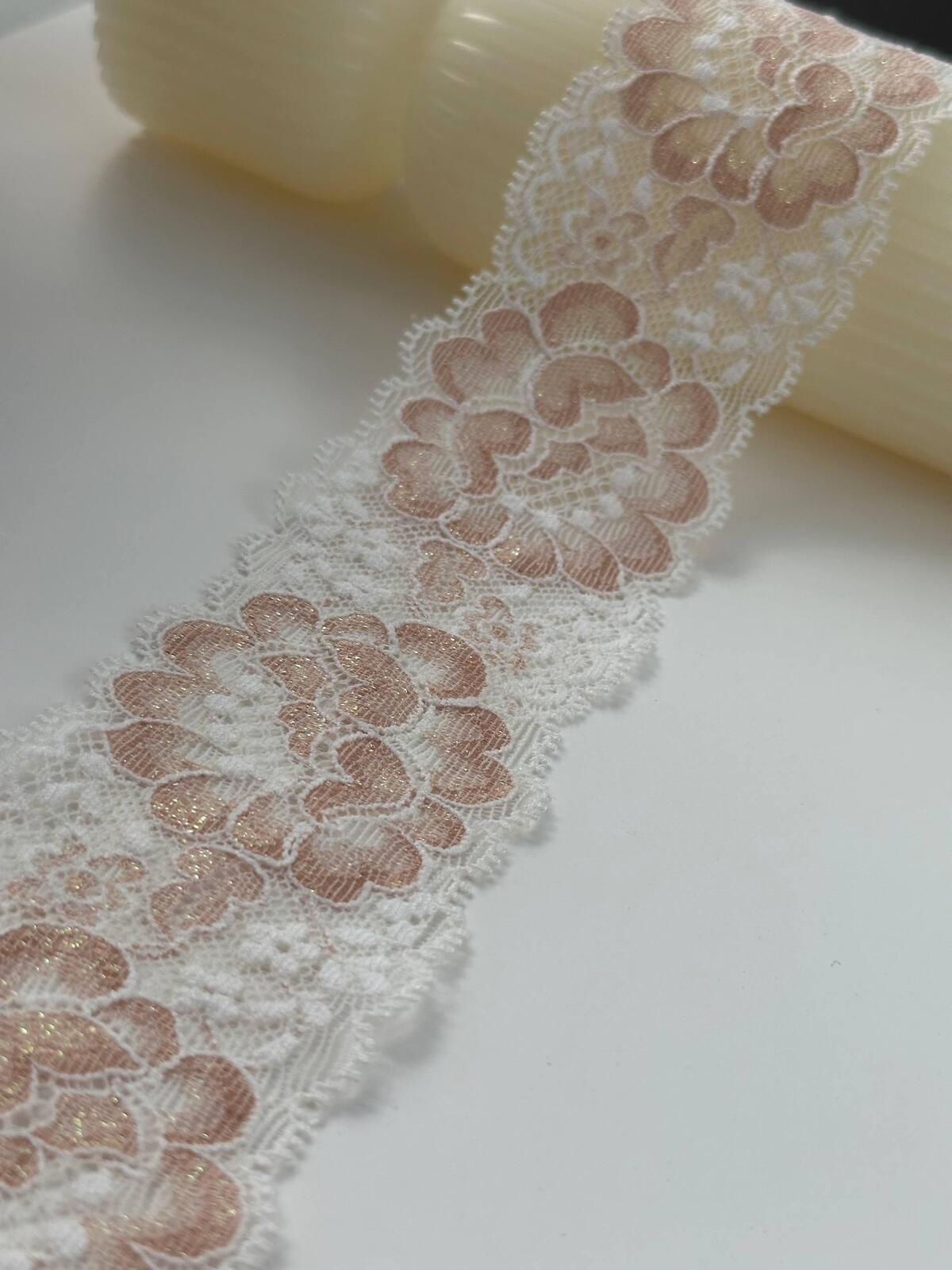 6Yds Stretch 2" Dusty Rose Gold Shimmer Floral Scalloped Stretch Lace Wholesale