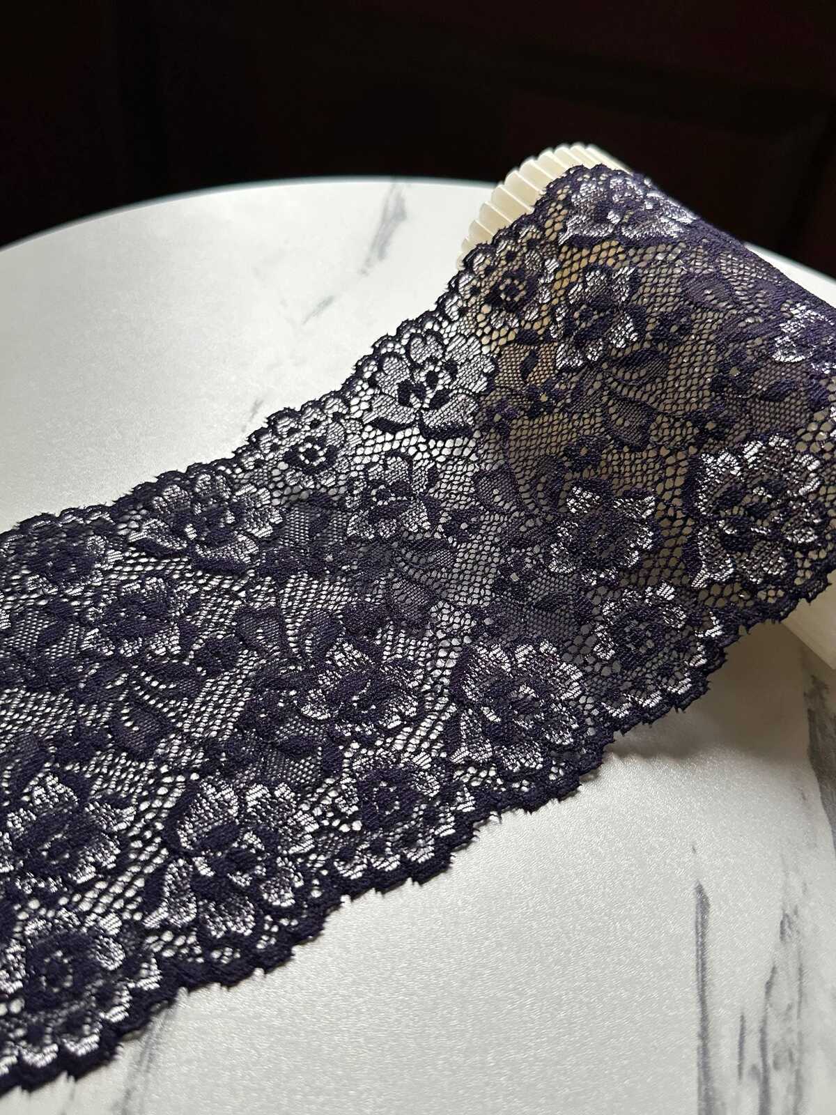 Dark Indigo Navy Violet Floral Stretch Elastic Lace Trim Symmetrical Double Scalloped Wide Galloon Ribbon fs Crafts Sewing, 4.85"