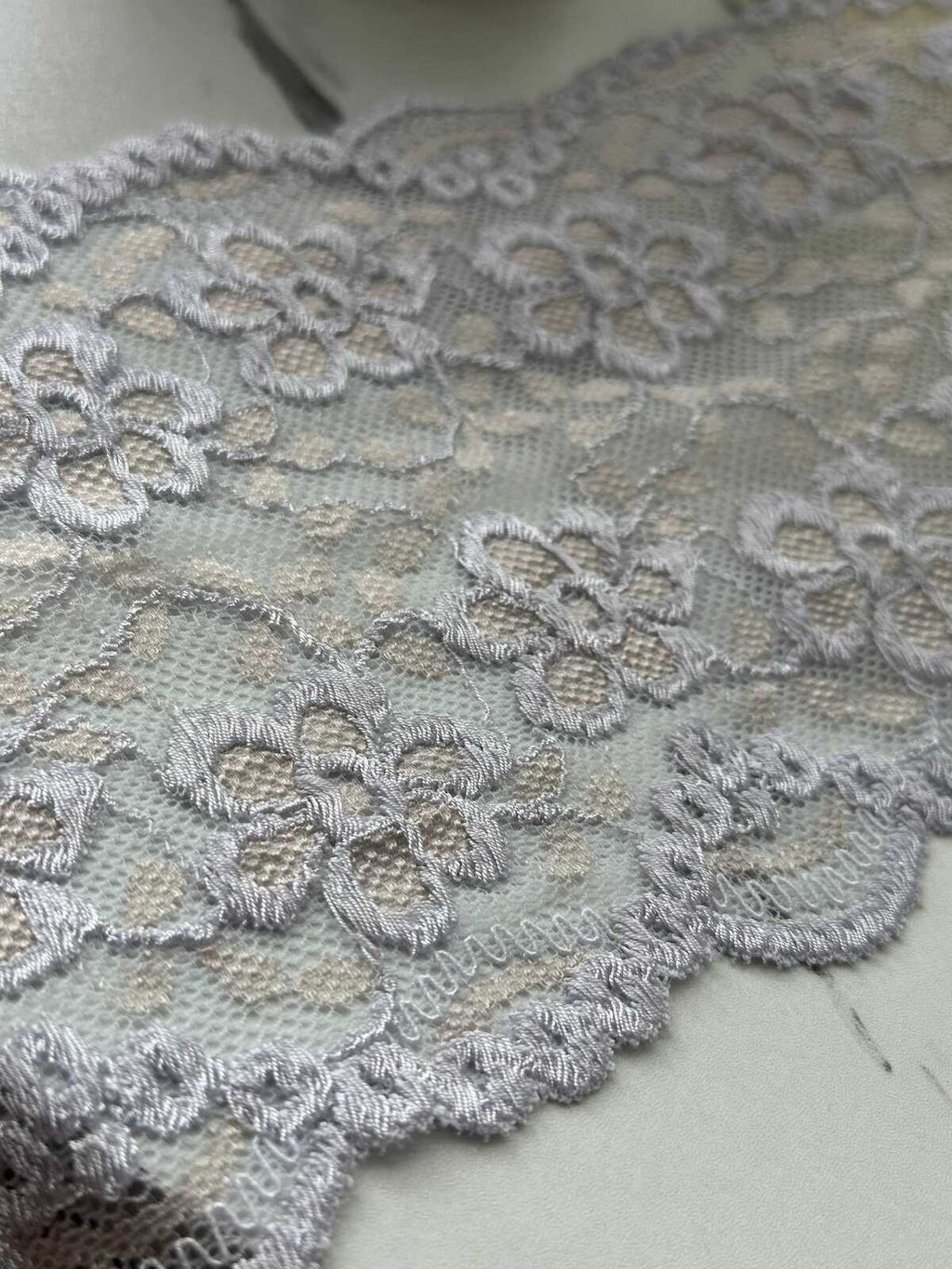1Yd Stretch 5.5" Muted Lavender Floral Embossed Stretch Lace Trim Wholesale