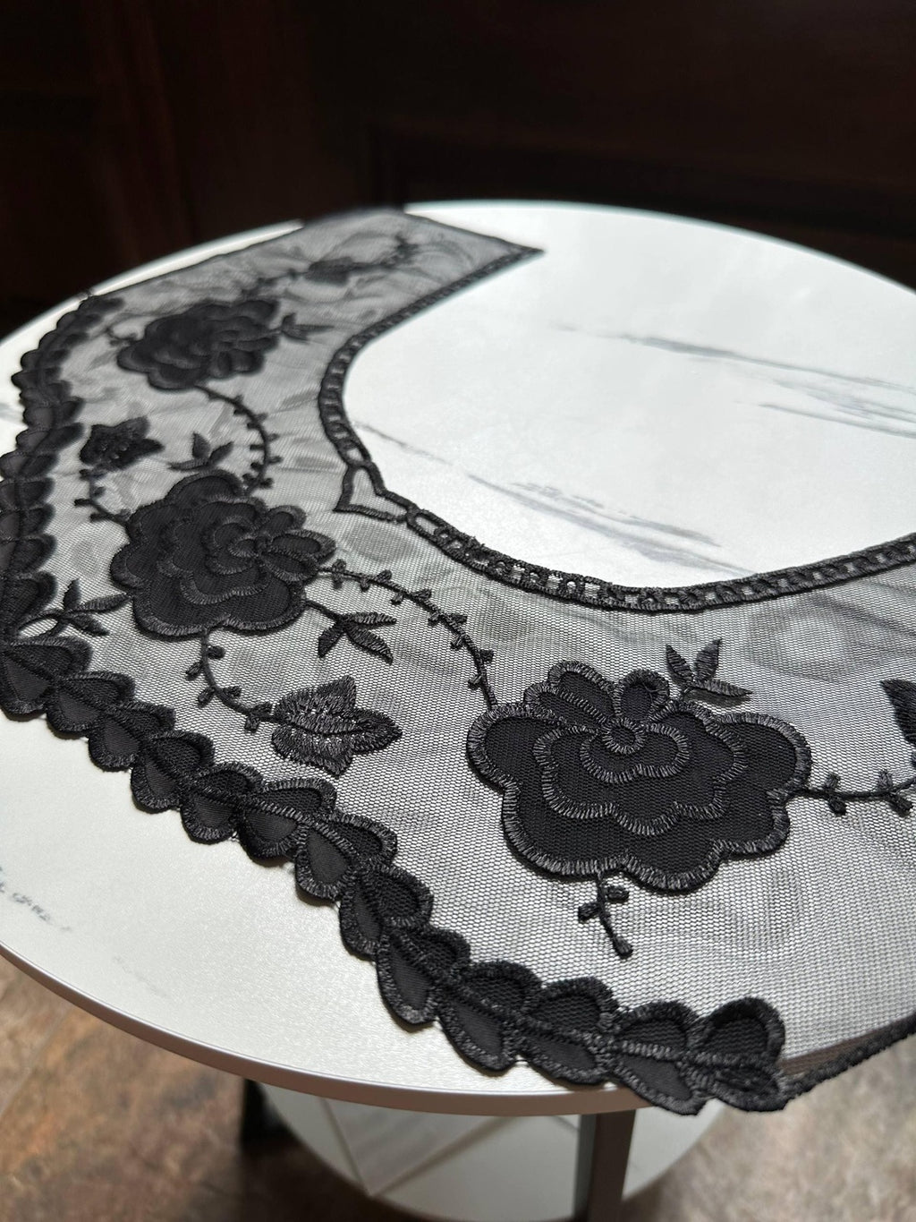 Classic Onyx Black Mesh Floral Embroidered Collar Applique Detachable Lace Neckline Bib Motif for Dress Blouse Sewing, 16" x 4.5"