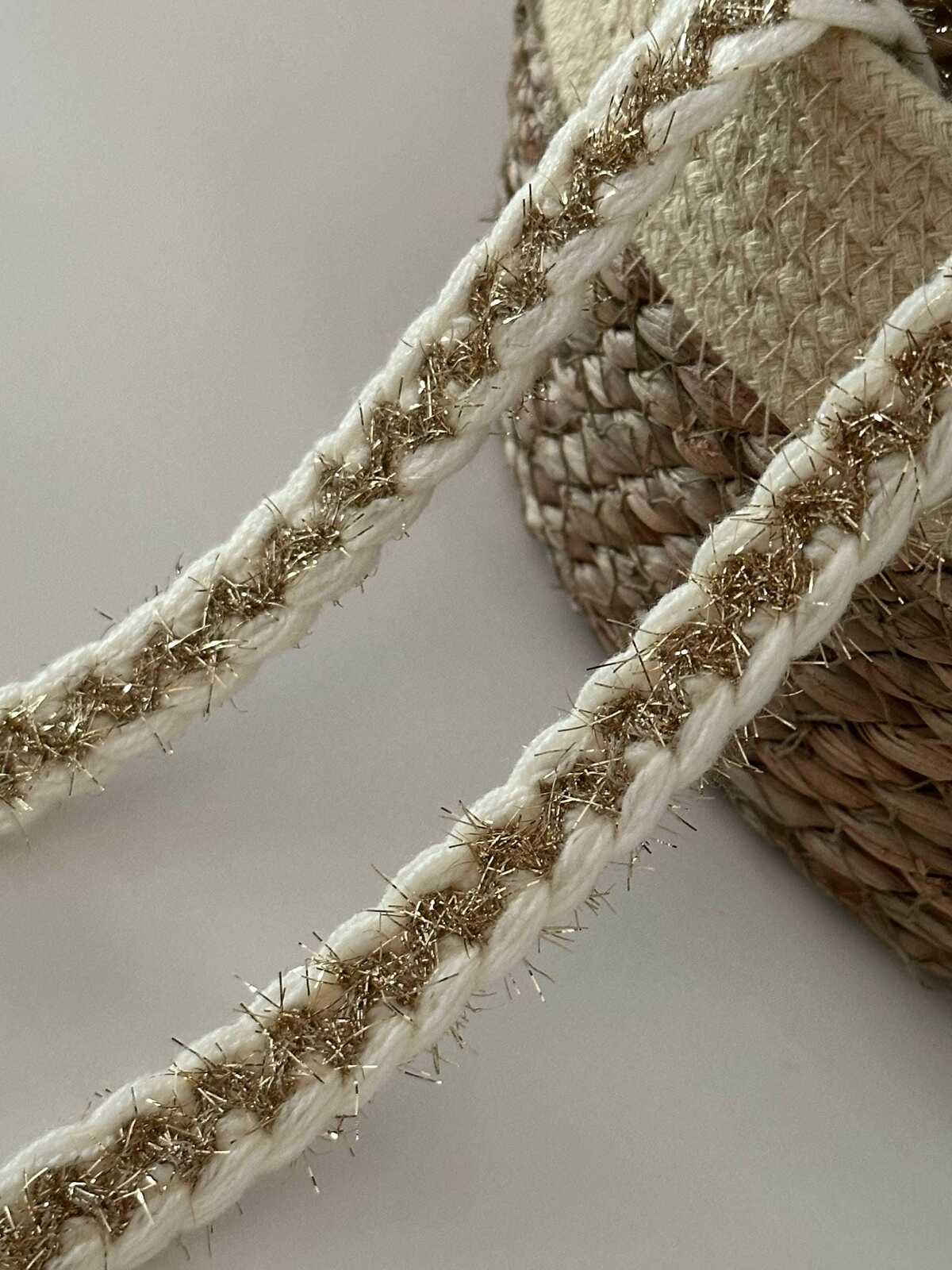 10yds Cream Gold Braided Trim, 0.5" Metallic Ribbon, Bulk Clearance Coquette Y2K Lace, Tweed Trim, DIY Sewing, Retail Wholesale