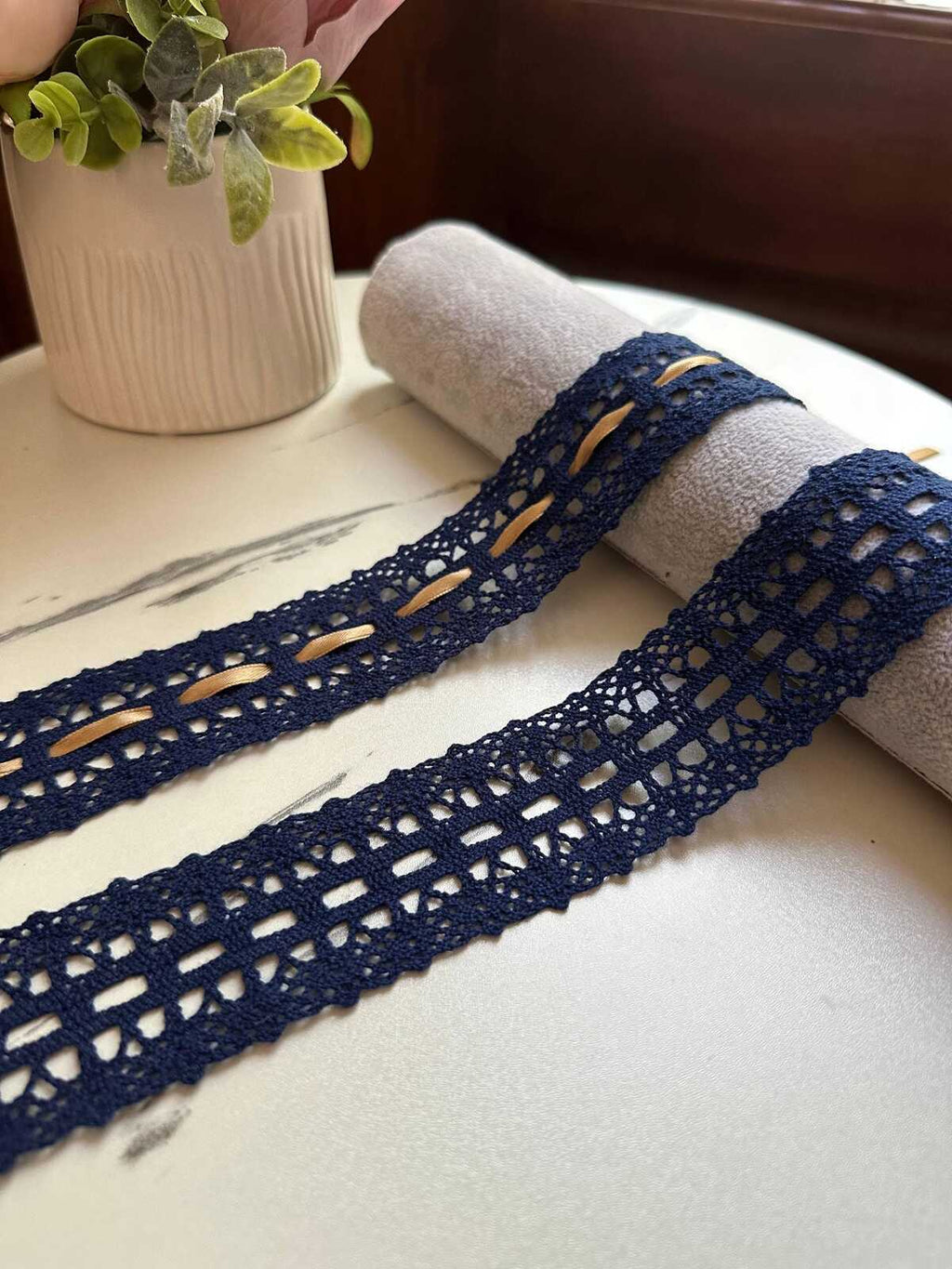 Navy Blue Cotton Crochet Beading Insertion Lace Trim by the Yard, Double Scalloped Eyelet Ribbon with Ribbon Slot, 1.5"