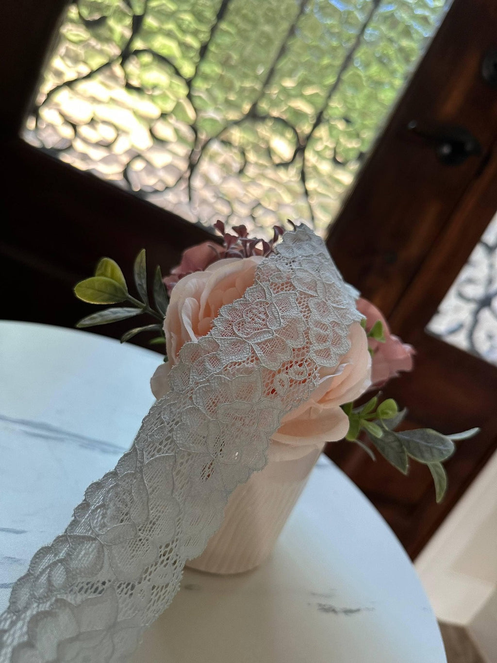 10yds  Powder Blue Floral Lace Trim, Double Scalloped Galloon Ribbon (2" Wide) Retail Wholesale