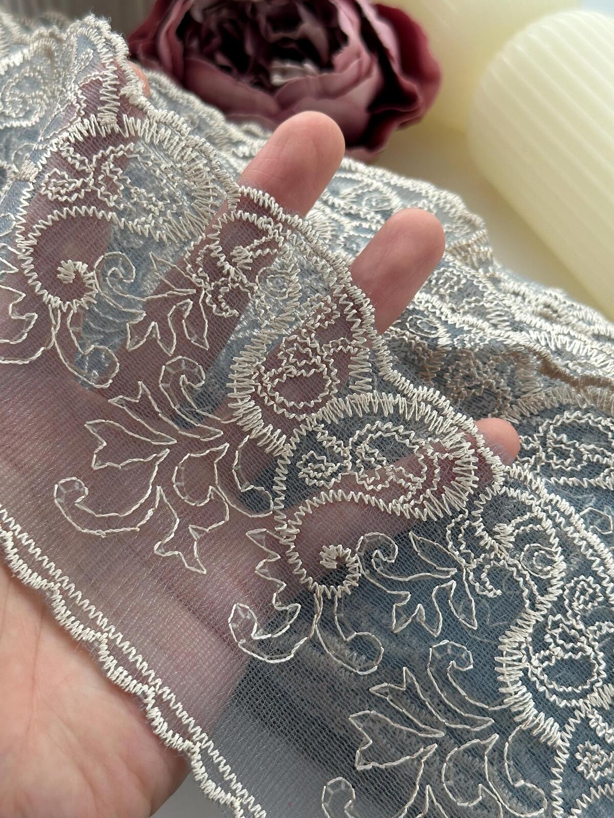 1Yd Non-Stretch 3.7" Dusty Blue Beige Embroidered Floral Mesh Lace Wholesale