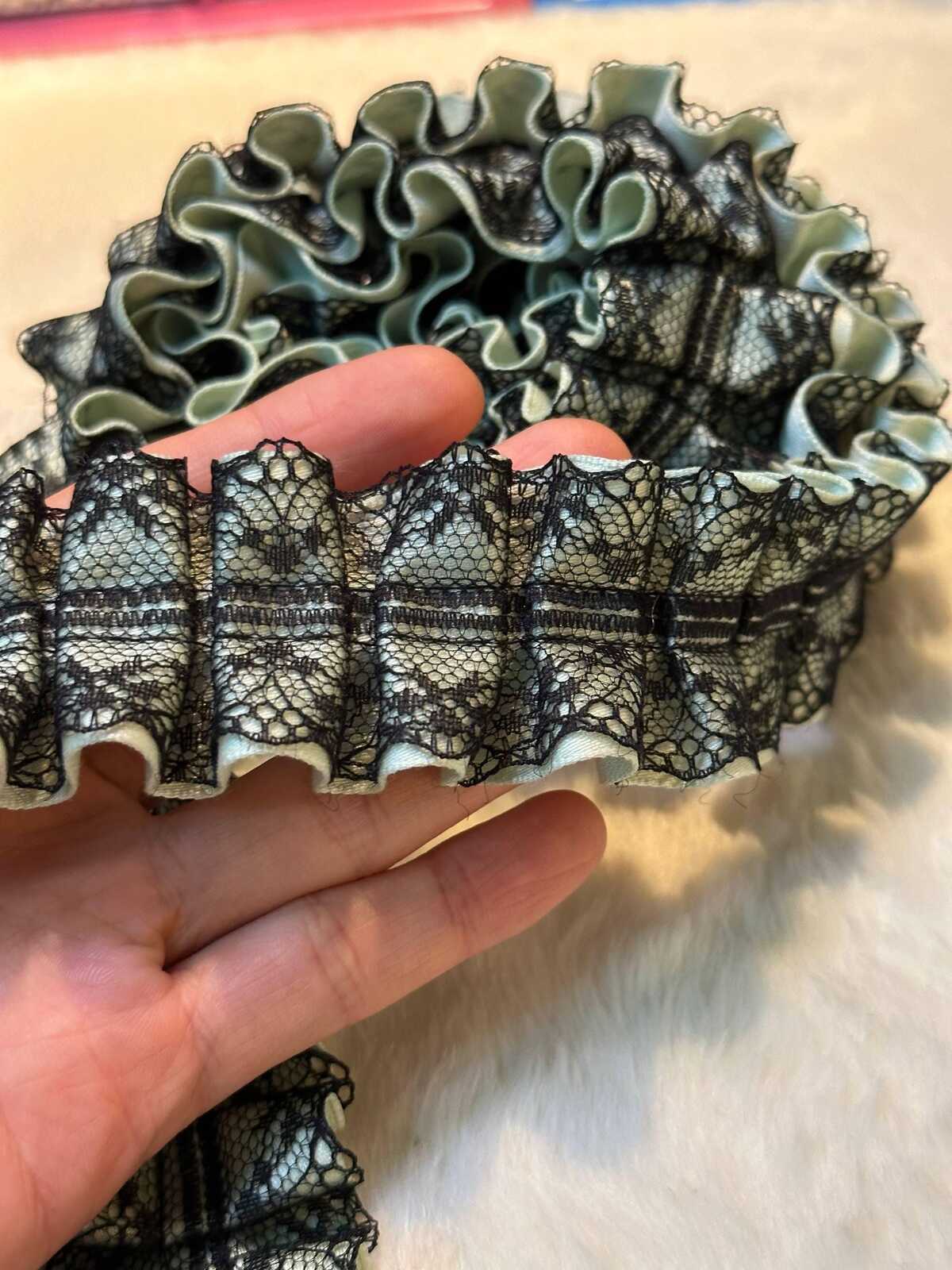 1.5" Heavy Craft Box Pleated Lace Trim, Double Layer Black Mesh & Pastel Cotton Ribbon Garland, Luxury Lolita Skirt Trim, Gothic Gown