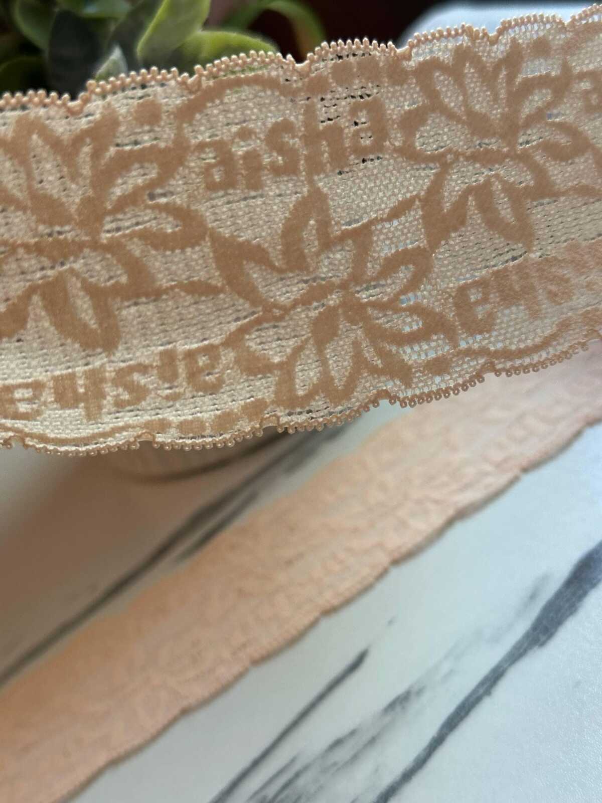 10yds Soft Peach Nude Floral Alphabet Ultra Soft Stretch Lace Trim by the Yard, Textured Back Baby Headband Elastic Ribbon, 2"