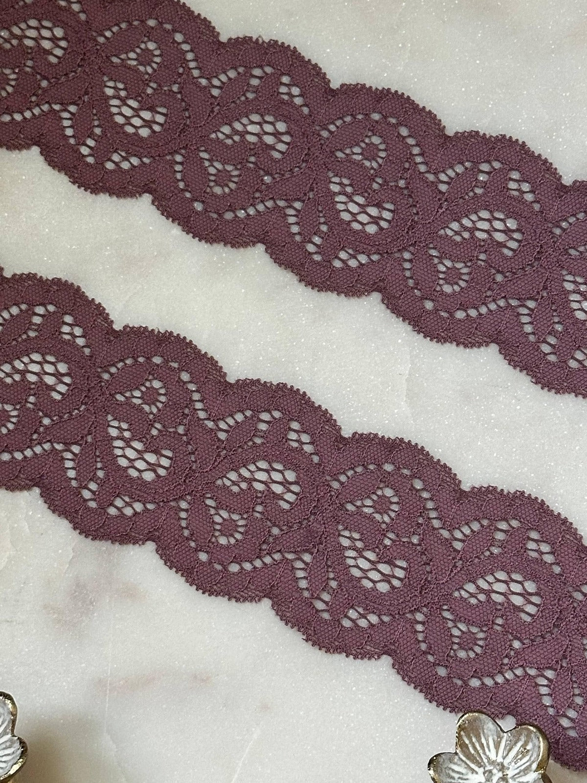 Dusty Plum Rose Floral Eyelash Slight Stretch Lace Trim by the Yard, Structured Elastic Ribbon for Crafts, 2.1", Retail Wholesale Bulk