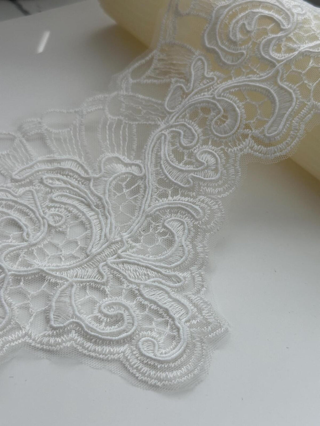 1Yd Non-Stretch 6" Off-White Corded Embroidery Bridal Mesh Lace Wholesale