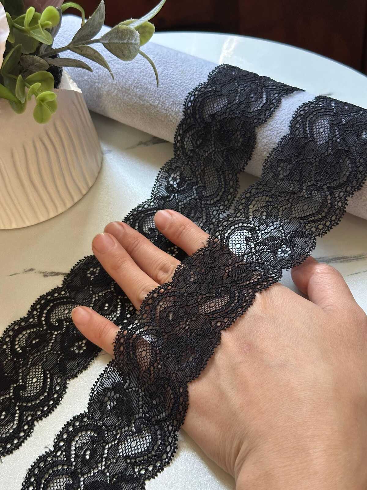 Black Floral Stretch Lace Trim, 2" Elastic Ribbon, Bulk Clearance Coquette Y2K Lace, Lingerie Lace, DIY Sewing, Retail Wholesale