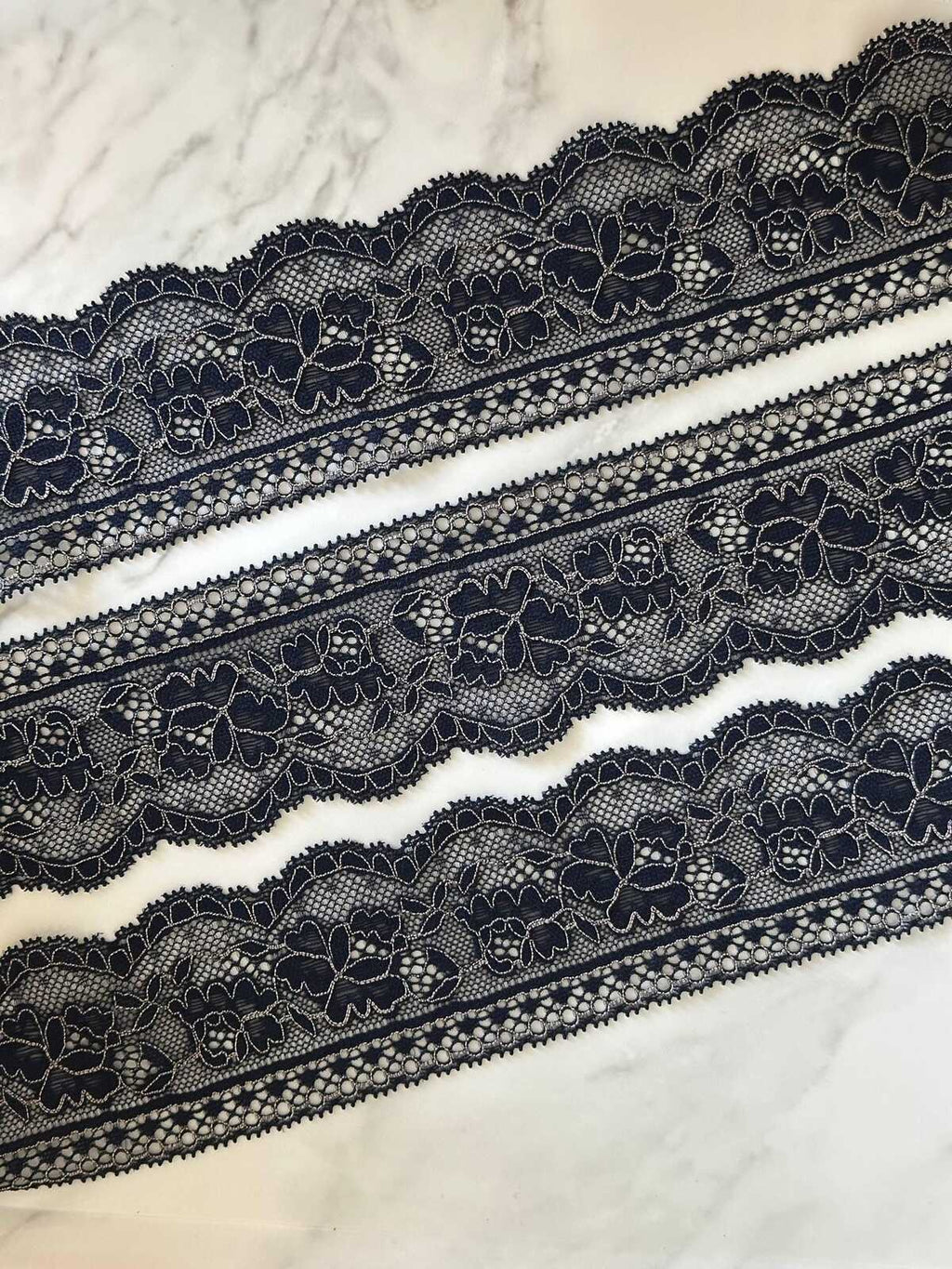 10yds Navy Blue Stretch Lace Trim with Silver Outline, Floral Insertion Beading Ribbon (2.5" Wide)