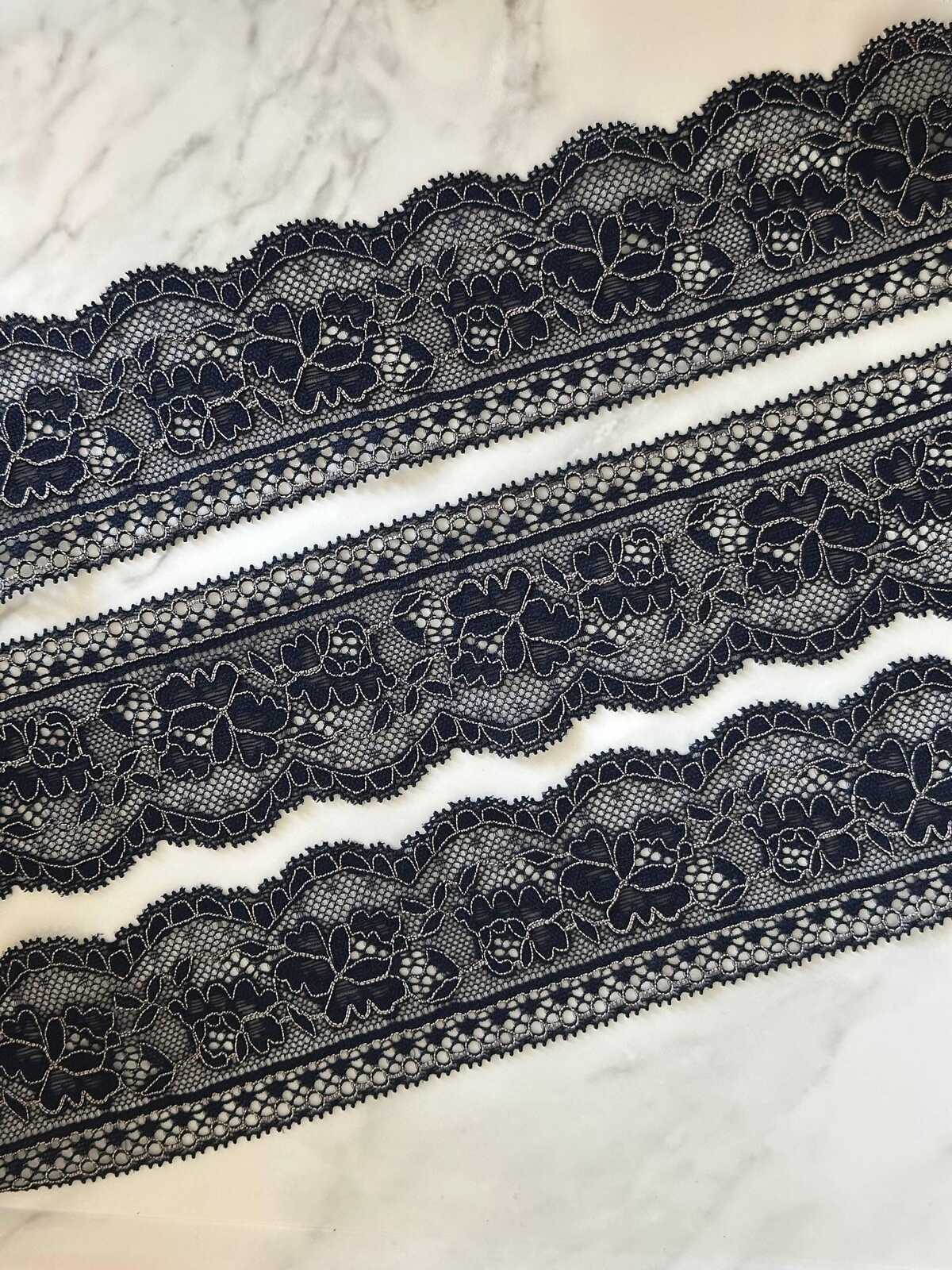 10yds Navy Blue Stretch Lace Trim with Silver Outline, Floral Insertion Beading Ribbon (2.5" Wide)