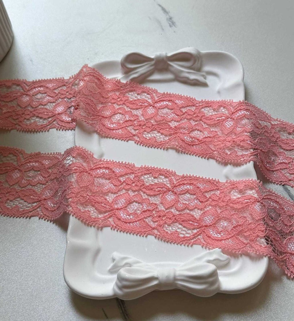 10yds Soft Peach Coral Pink Floral Stretch Lace Trim by the Yard, Scalloped Elastic Ribbon for Coquette Crafts, 2", Retail Wholesale Bulk