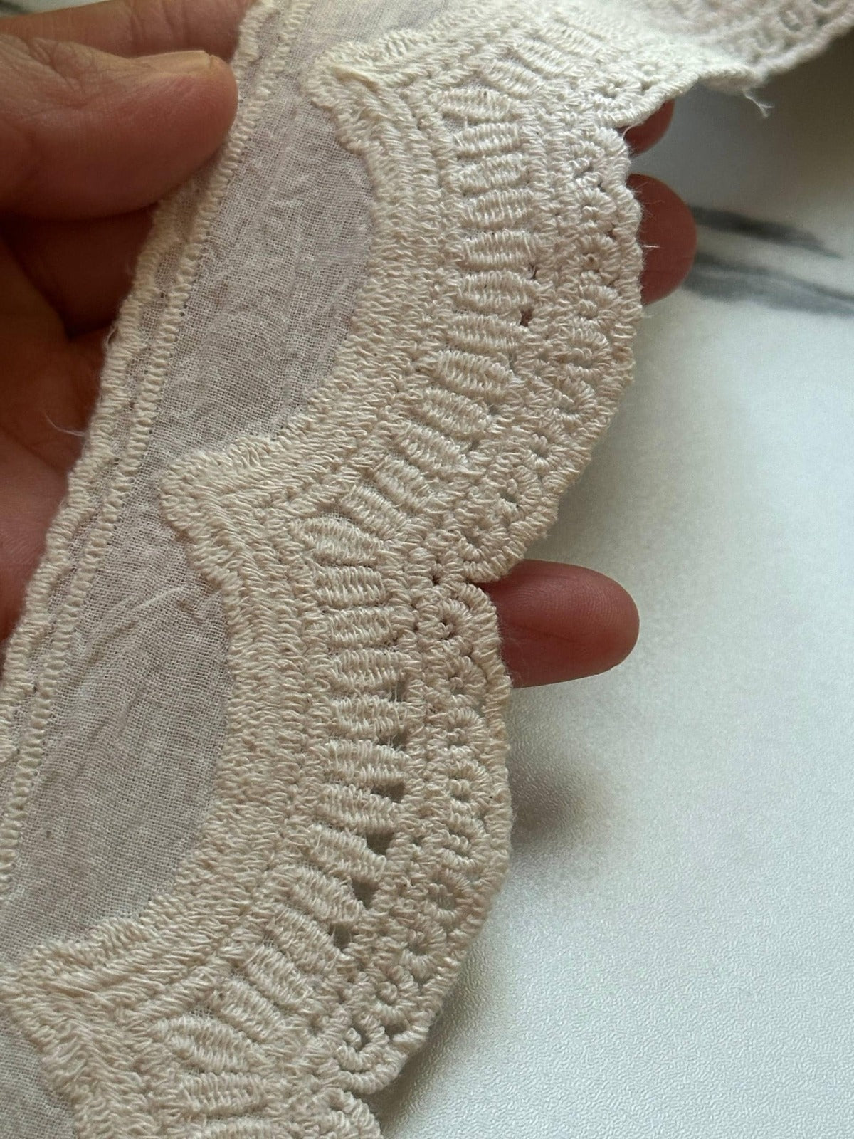 Vintage Cream Beige Cotton Linen Embroidered Scalloped Lace Trim by the Yard, Natural Eyelet Ribbon for Crafts, 1.85", Retail Wholesale Bulk