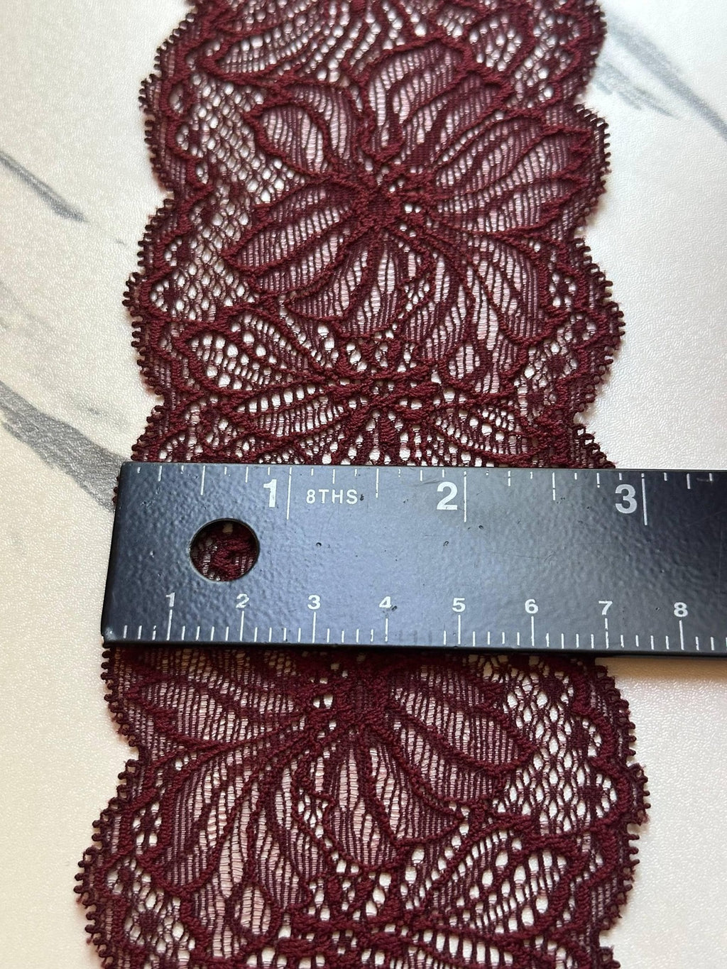 Burgundy Wine Red Floral Stretch Lace Trim by the Yard, Scalloped Elastic Ribbon for Coquette Lingerie Apparel Crafts, 2.8"