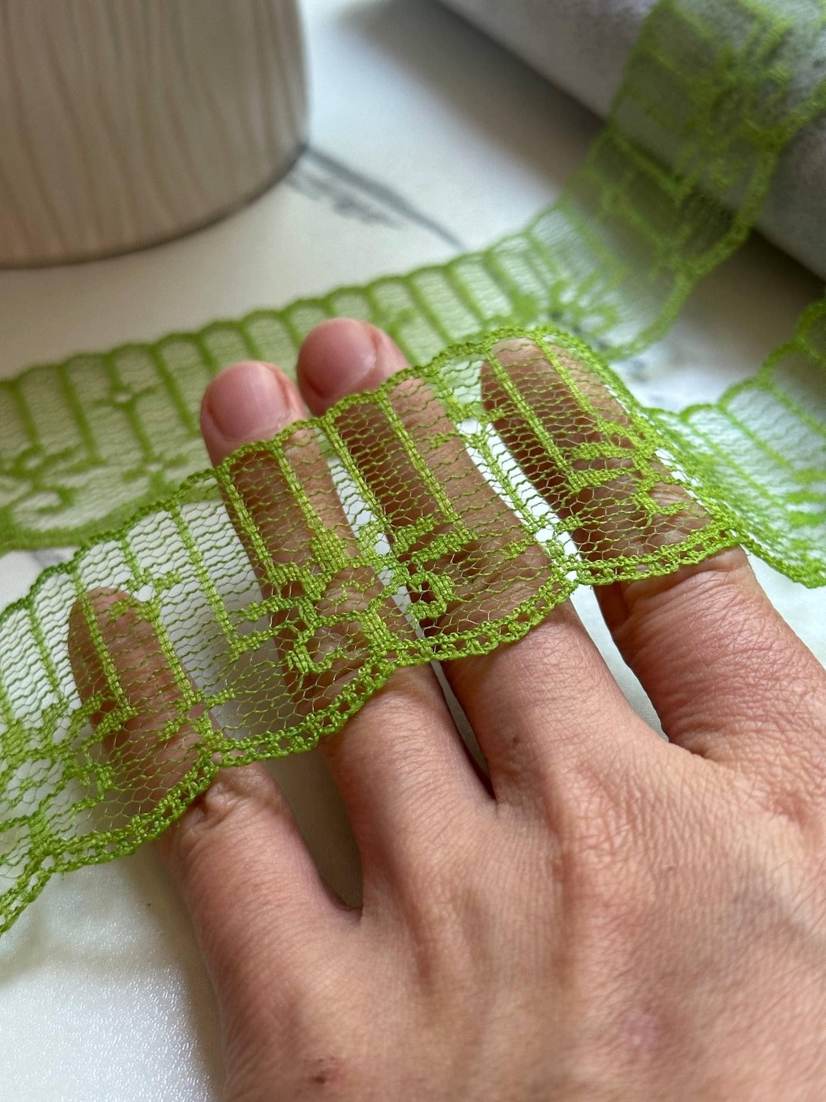 10yds Olive Matcha Green Floral Non Stretch Rigid Lace Trim by the Yard, Structured Scalloped Ribbon for Hair Bows Crafts, 1.85"