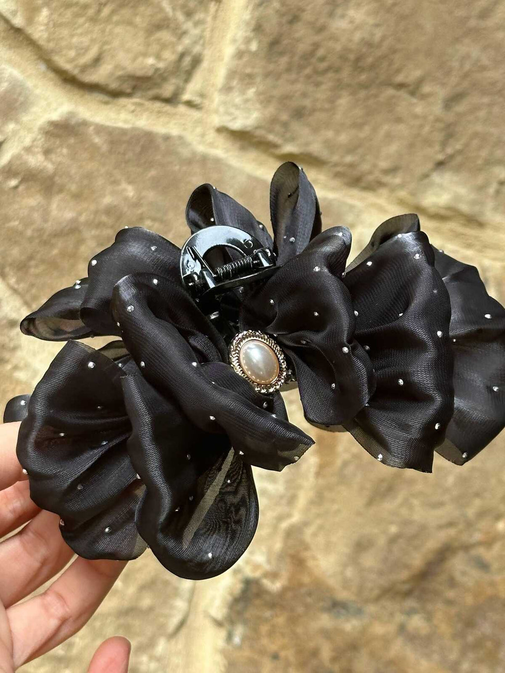 2Pcs Bundle   Handmade Black Rhinestone Mesh Hair Claw Clip and Headband Set, Sparkly Gothic Glam Tulle Hair Accessories  Prom Party Gift