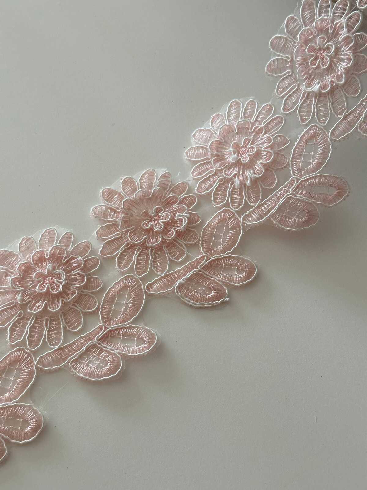 1Yard Pink Corded Floral Lace Trim, 2.5" 3D Embroidered Ribbon, Bulk Clearance Coquette Y2K Lace, Garment Trim, DIY Sewing, Retail Wholesale