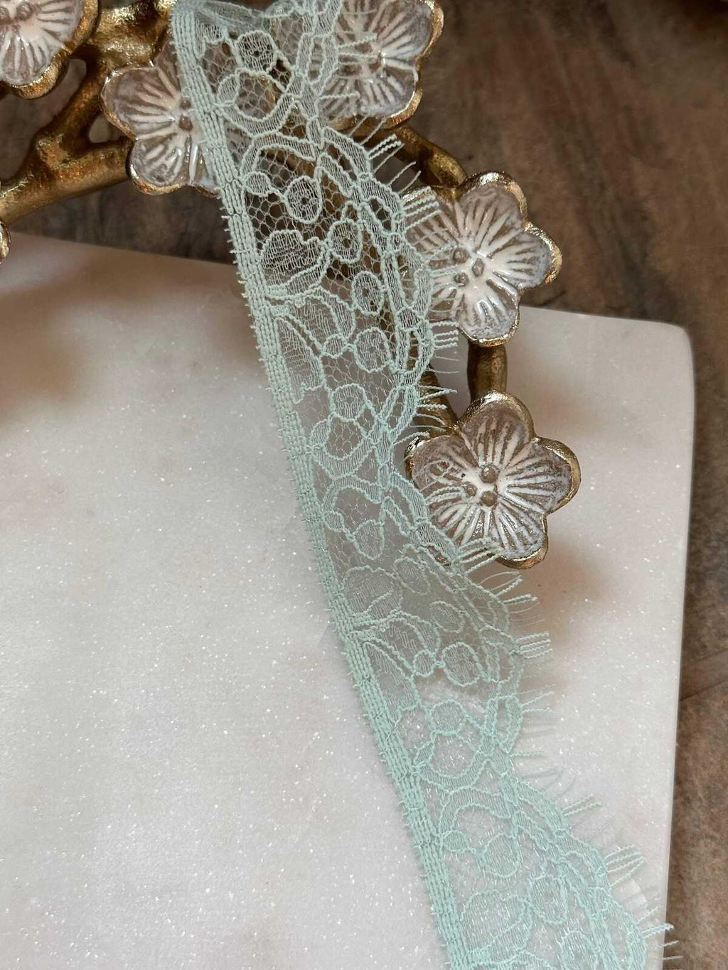 Sage Foam Green Floral Eyelash Lace Trim, 1.5 Yard Piece, Delicate Scalloped Eyelash Ribbon for Crafts, 1.25", Retail Wholesale Bulk