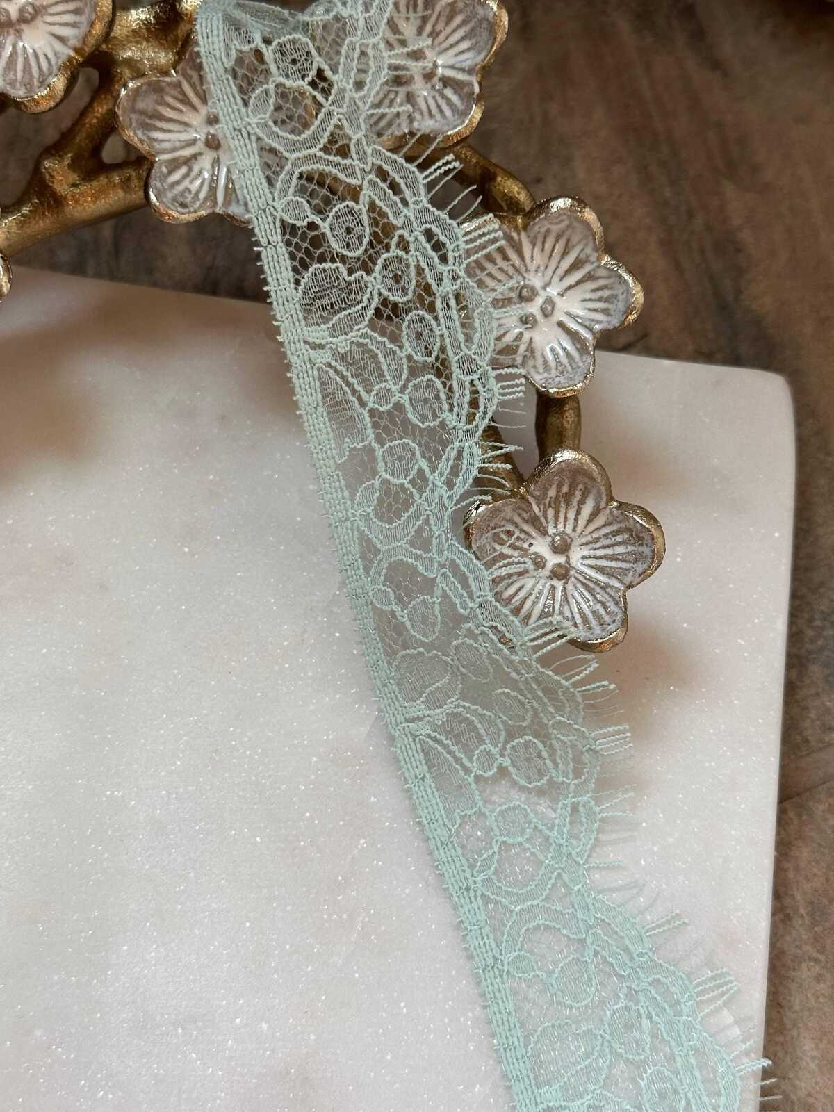 Sage Foam Green Floral Eyelash Lace Trim, 1.5 Yard Piece, Delicate Scalloped Eyelash Ribbon for Crafts, 1.25", Retail Wholesale Bulk