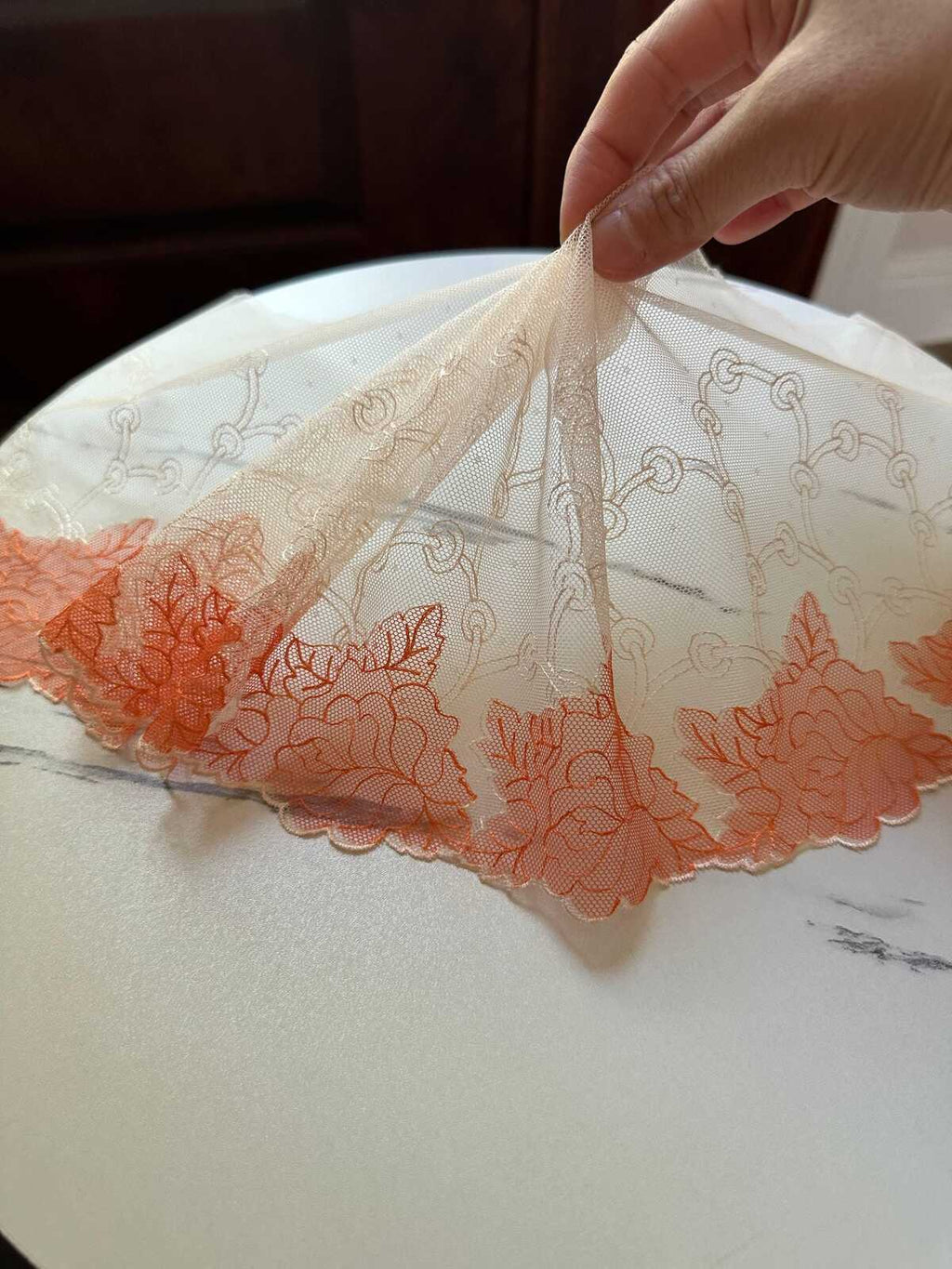 7.25" Coral Orange Lace Trim Wide Embroidered Soft Tulle Mesh Scalloped Edge Rose Ribbon for Matching Skirt Lingerie Garment Sewing