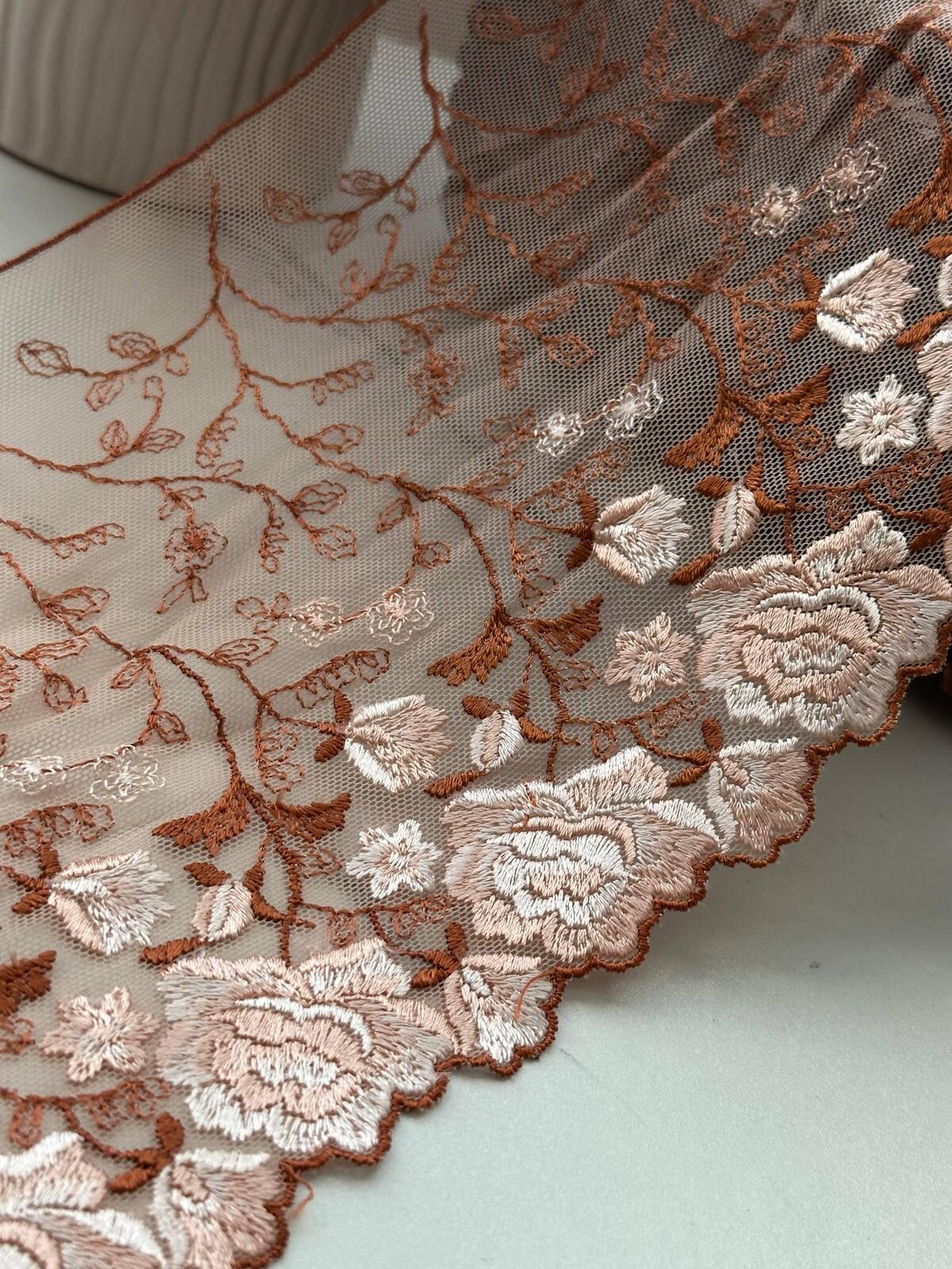 3Yds Non-Stretch 6.3" Autumn Terracotta Rust Floral Embroidered Mesh Lace Trim