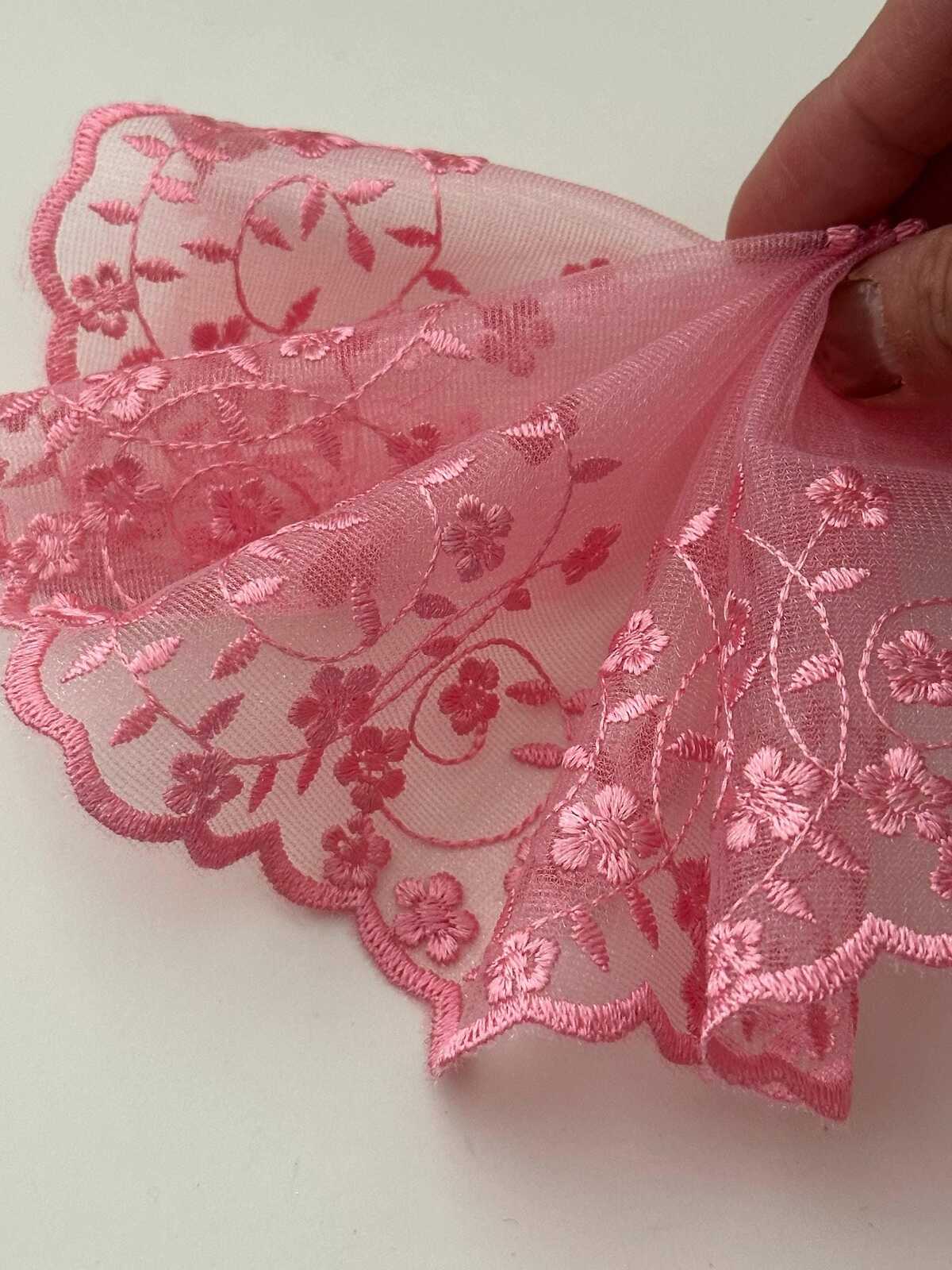 3Yds Pink Floral Mesh Lace Trim, 4.5" Embroidered Ribbon, Bulk Clearance Coquette Y2K Lace, Garment Trim, DIY Sewing, Retail Wholesale
