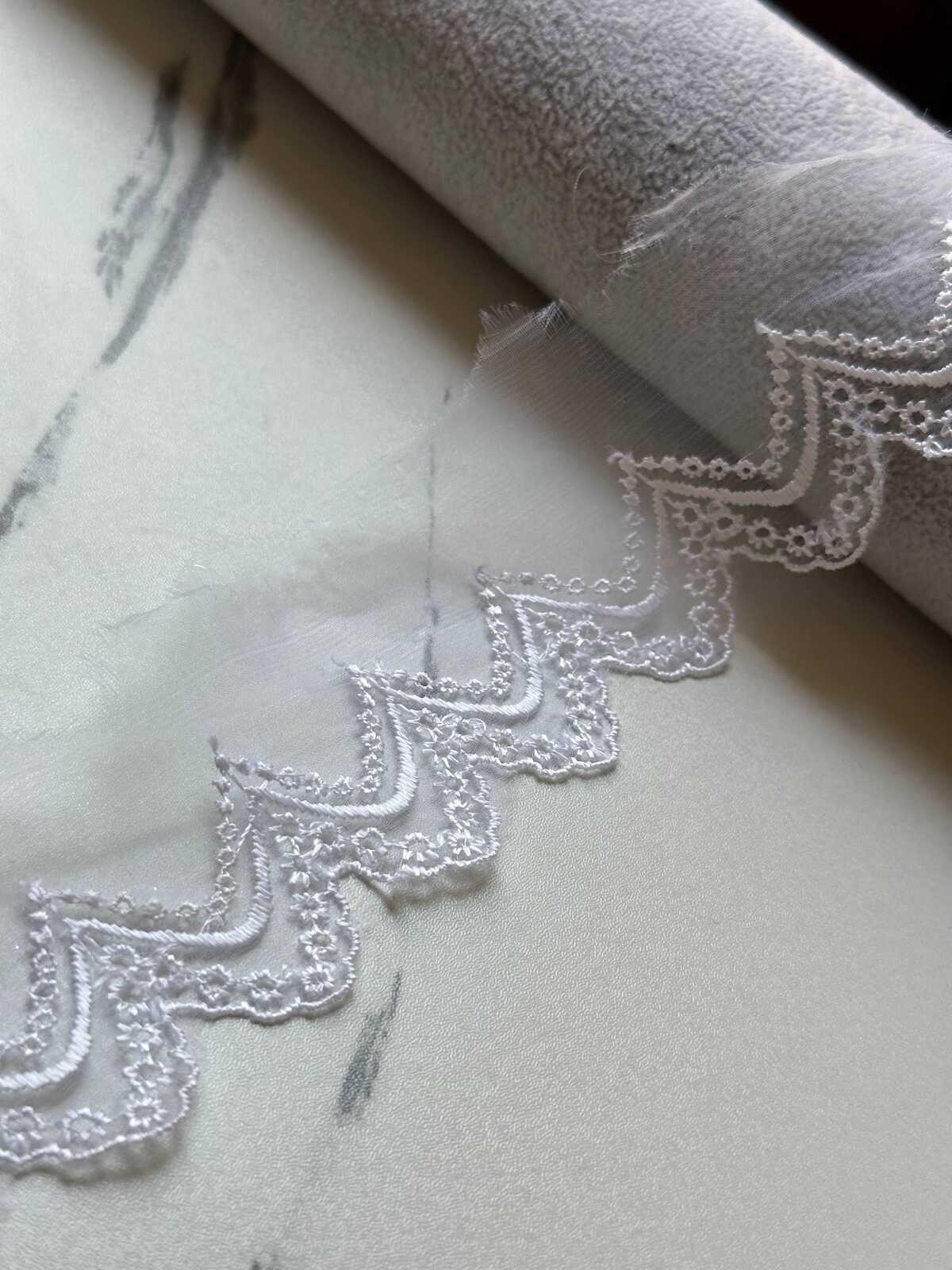 Crisp White Organza Embroidered Lace Trim by Yard, Structured Chevron Scalloped Ribbon, 1.8", Retail Wholesale Bulk