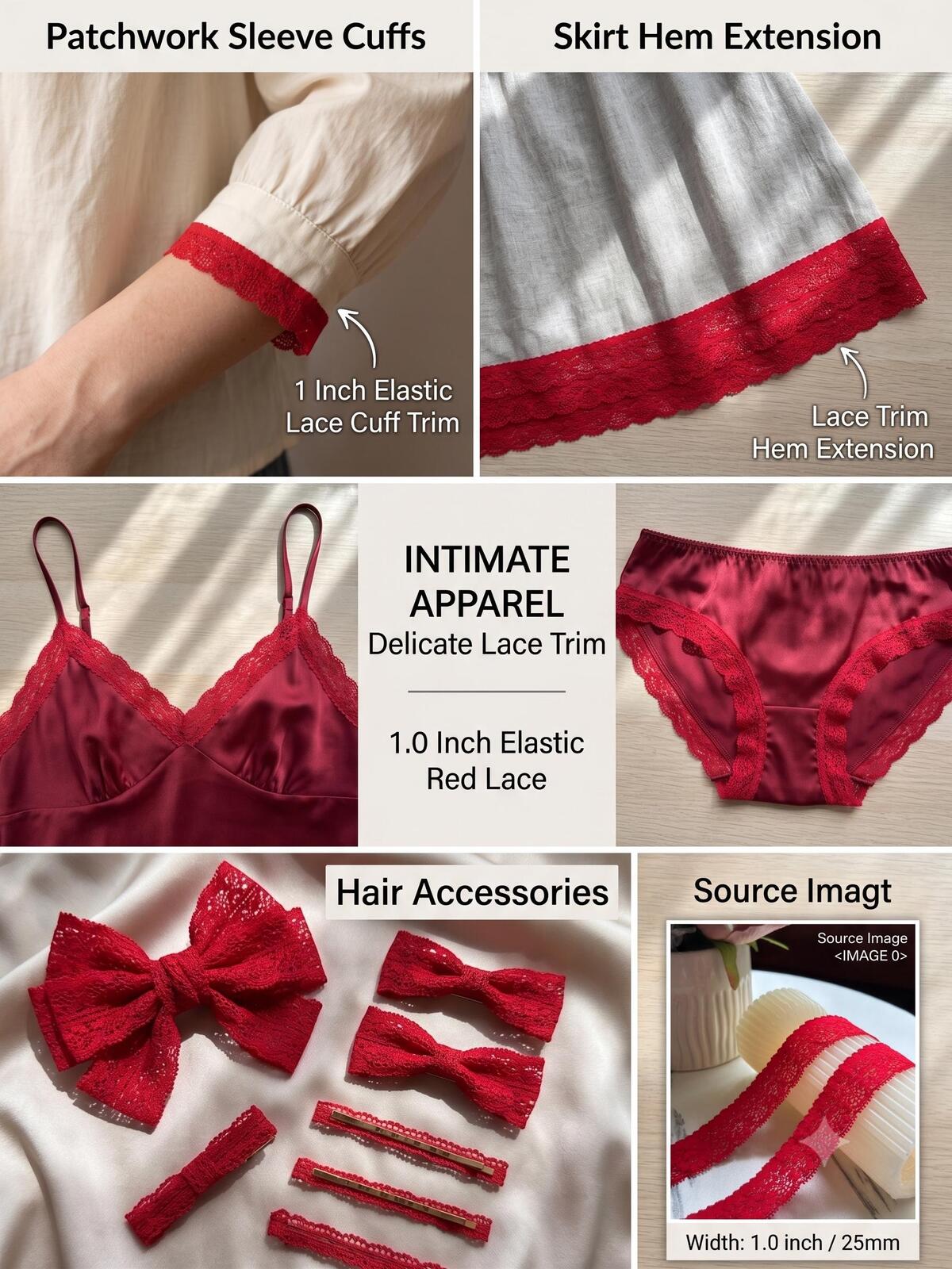 10yds Deep Retro Red Floral Stretch Elastic Lace Trim Symmetrical Double Scalloped Narrow Ribbon for Lingerie Underwear Hair Bows Crafts, 1"