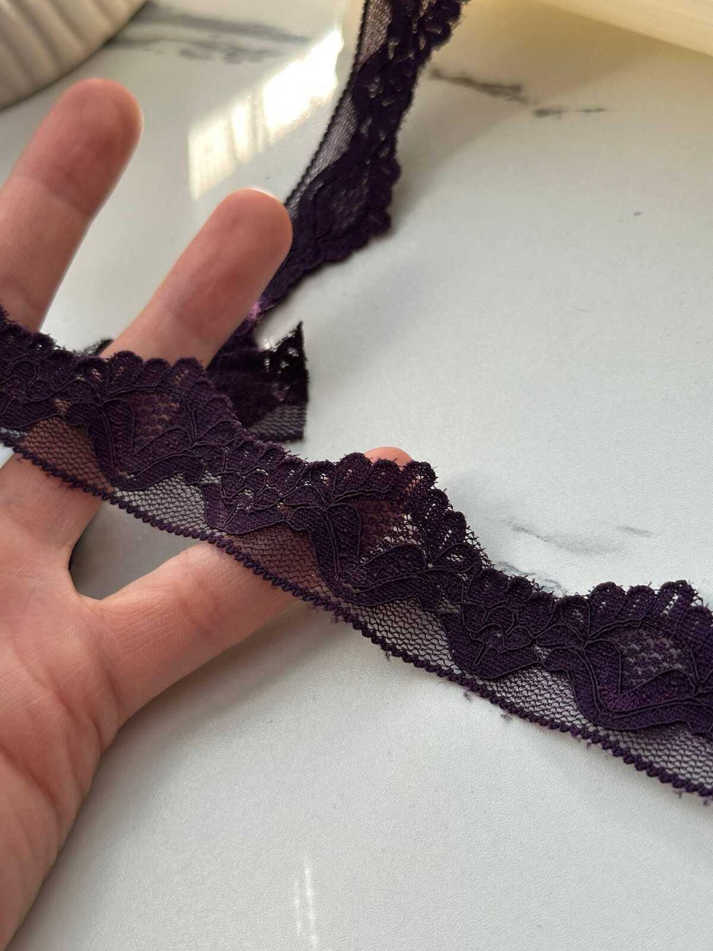 10Yds Stretch 1" Dark Plum Purple Scalloped Floral Stretch Lace Trim Bulk