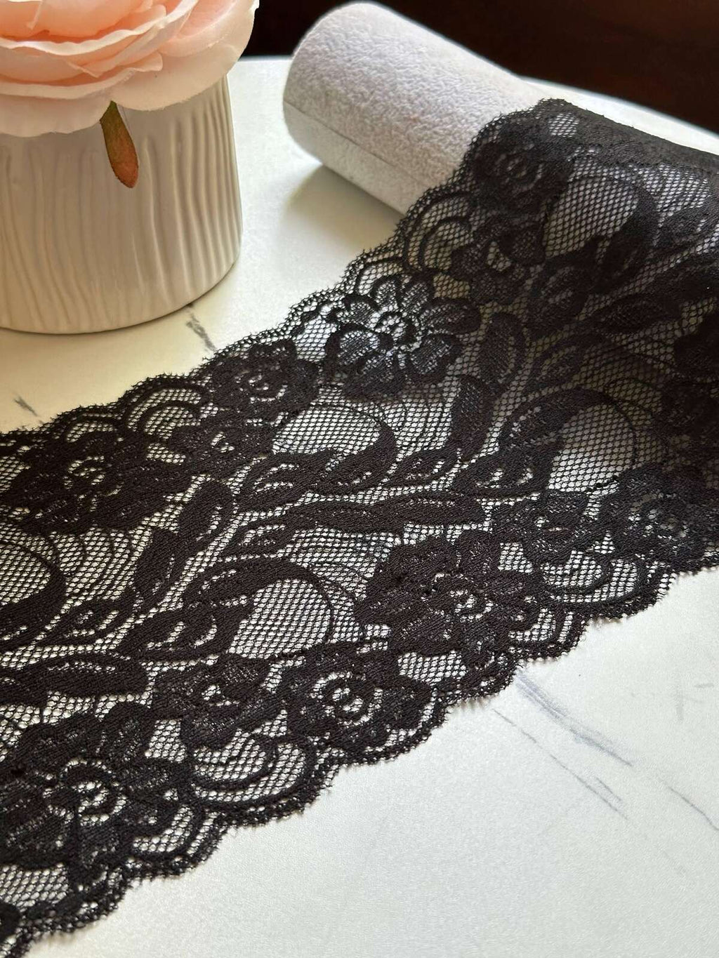 Classic Black Floral Wide Stretch Lace Trim by the Yard, Scalloped Elastic Ribbon for Coquette Crafts, 5.5", Retail Wholesale Bulk