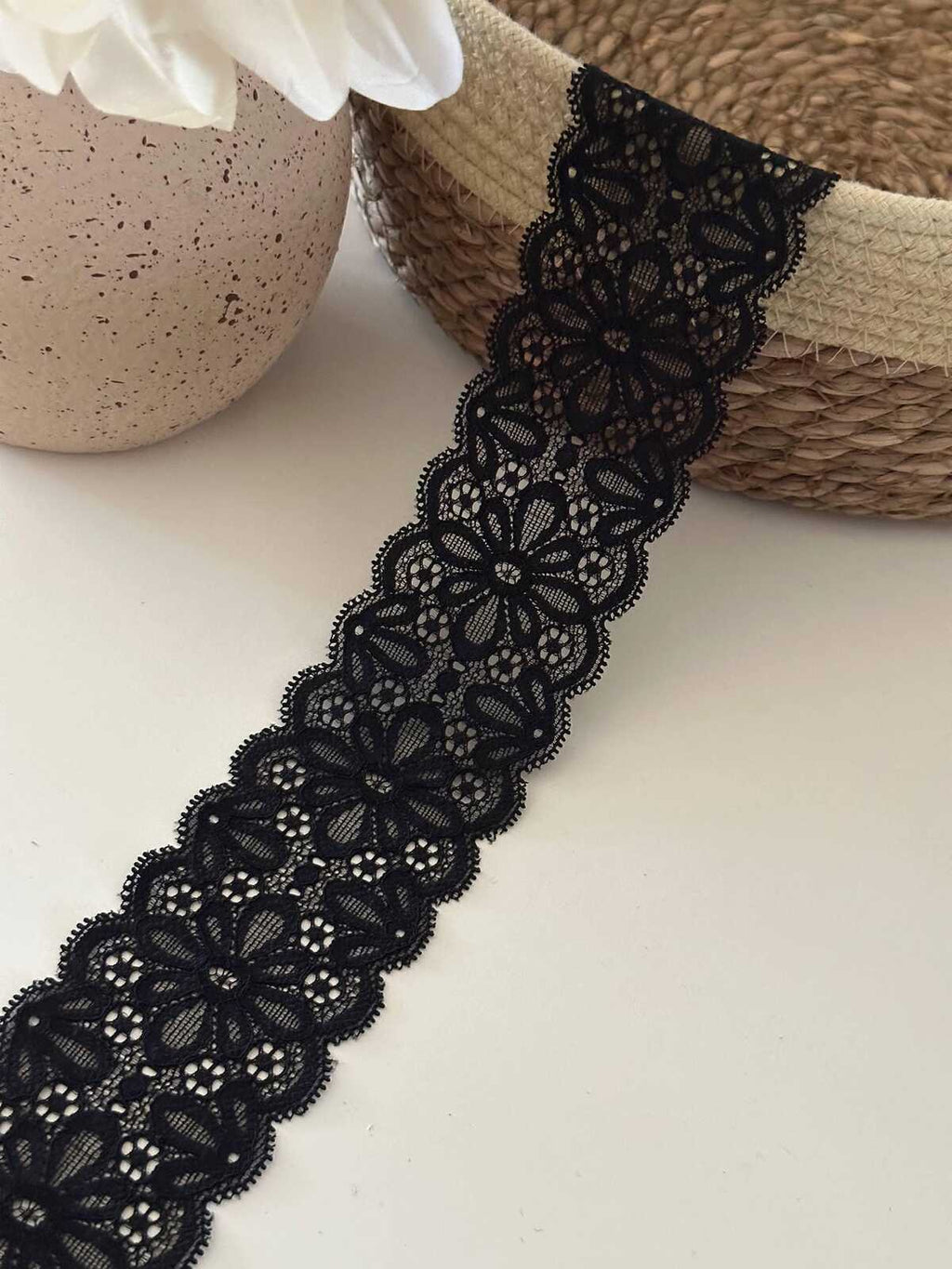 10yds Black Floral Stretch Lace, 2.1" Elastic Ribbon, Bulk Clearance Coquette Y2K Lace, Lingerie Lace, DIY Sewing, Retail Wholesale