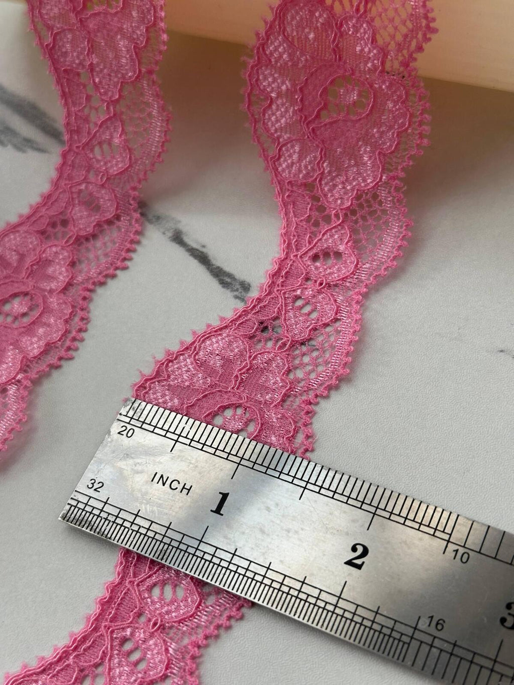 10Yds Stretch 1.4" Pink Wavy Scalloped Floral Stretch Lace Trim Wholesale