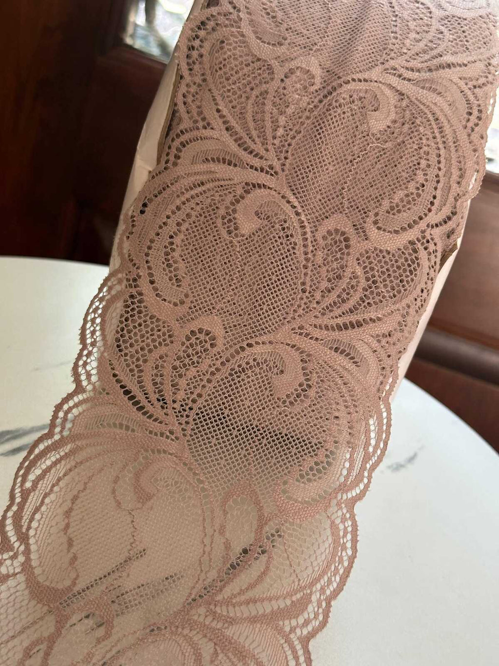 Dusty Rose Mauve Floral Wide Stretch Lace Trim by the Yard, Soft Scalloped Elastic Ribbon for Lingerie Apparel, 4.5"
