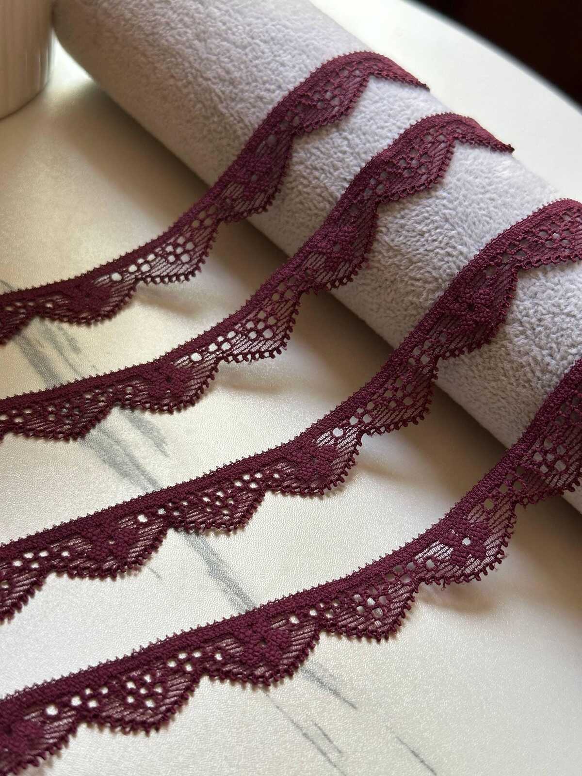10yds Muted Burgundy Wine Geometric Stretch Elastic Lace Trim, Single Scalloped Narrow Ribbon for Lingerie Underwear Sewing Crafts, 0.5"