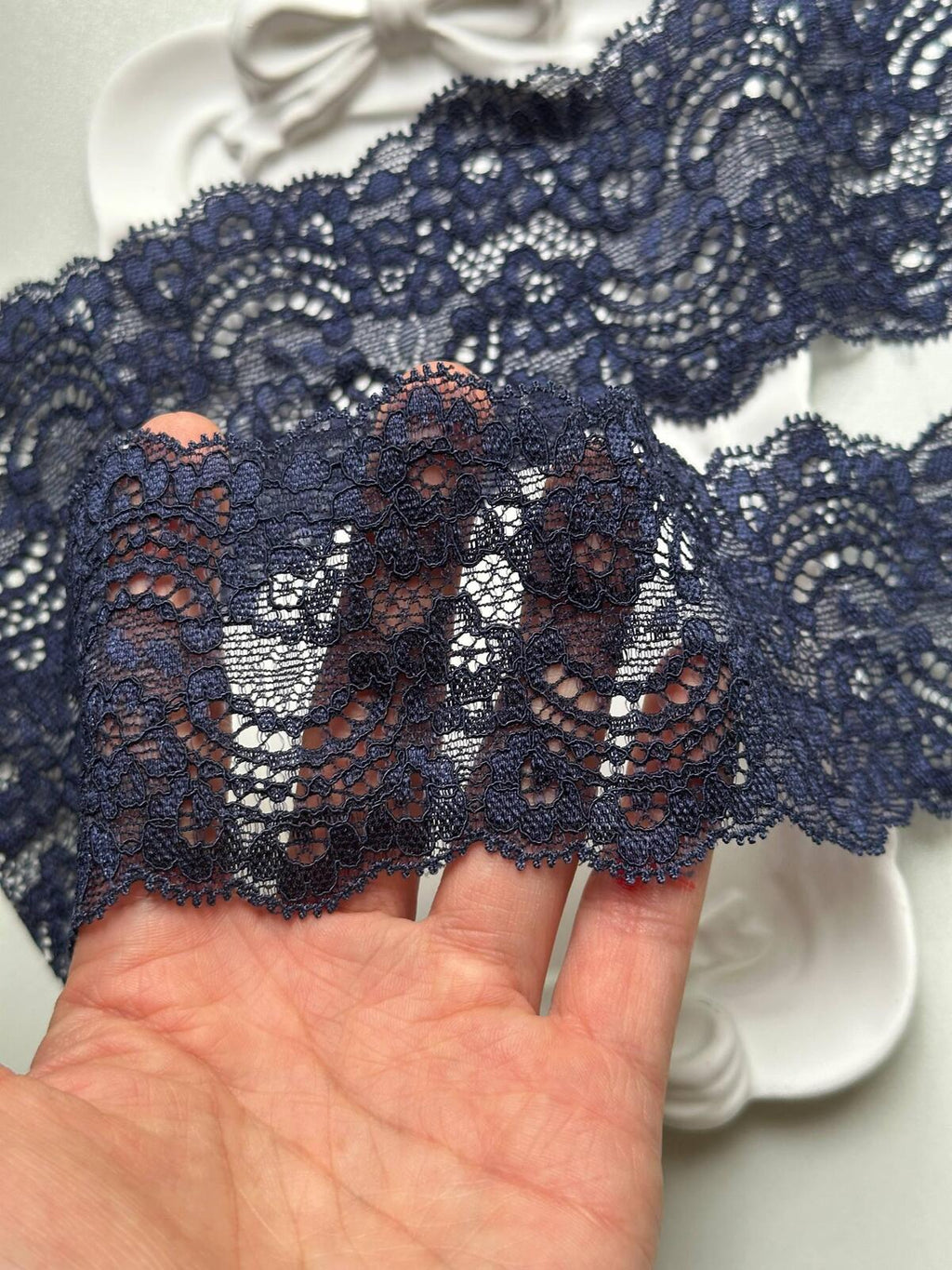 Deep Navy Blue Floral Stretch Elastic Lace Trim Symmetrical Double Scalloped Wide Galloon Ribbon for Lingerie Underwear Crafts, 2.35"