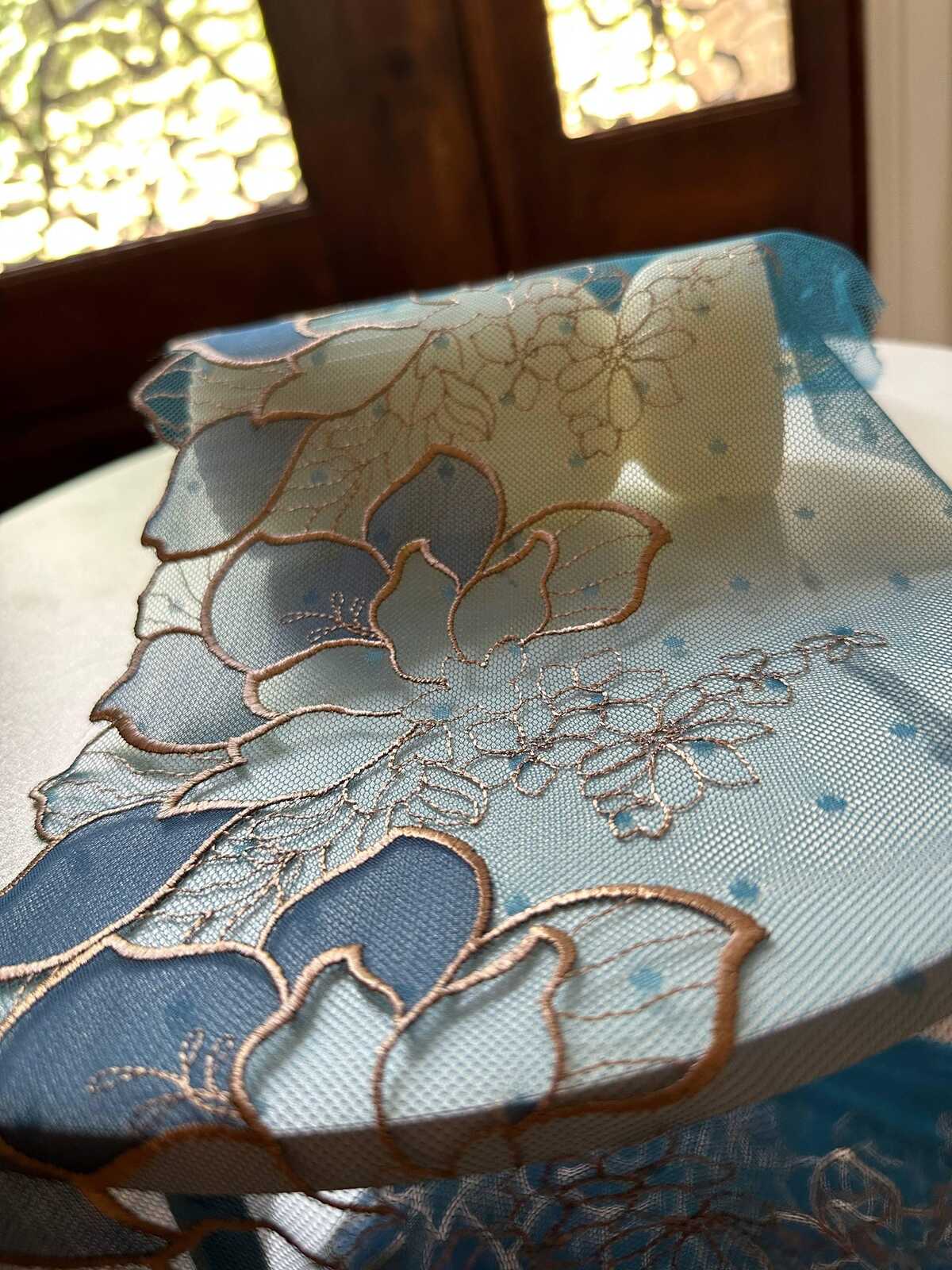 7.65" Peacock Blue Gold Lace Trim Wide Embroidered Floral Swiss Dot Mesh Single Scalloped Edge Lace for Lingerie Garment Sewing Crafts