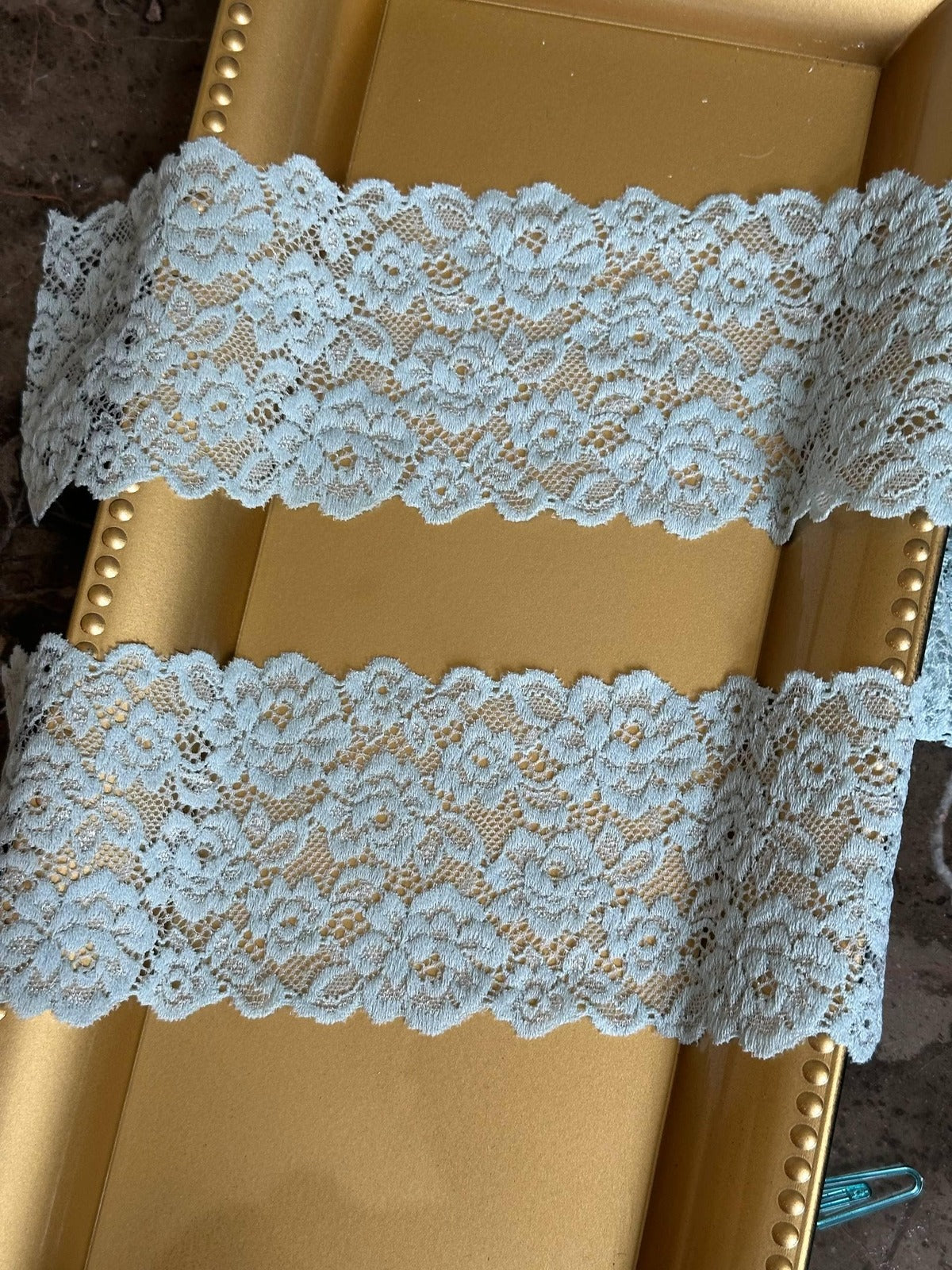 3" Sage Green Stretch Lace Trim by the Yard, Soft Floral Elastic Double Scalloped Lace for Lingerie, Balletcore Hair Bow, Doll Clothes