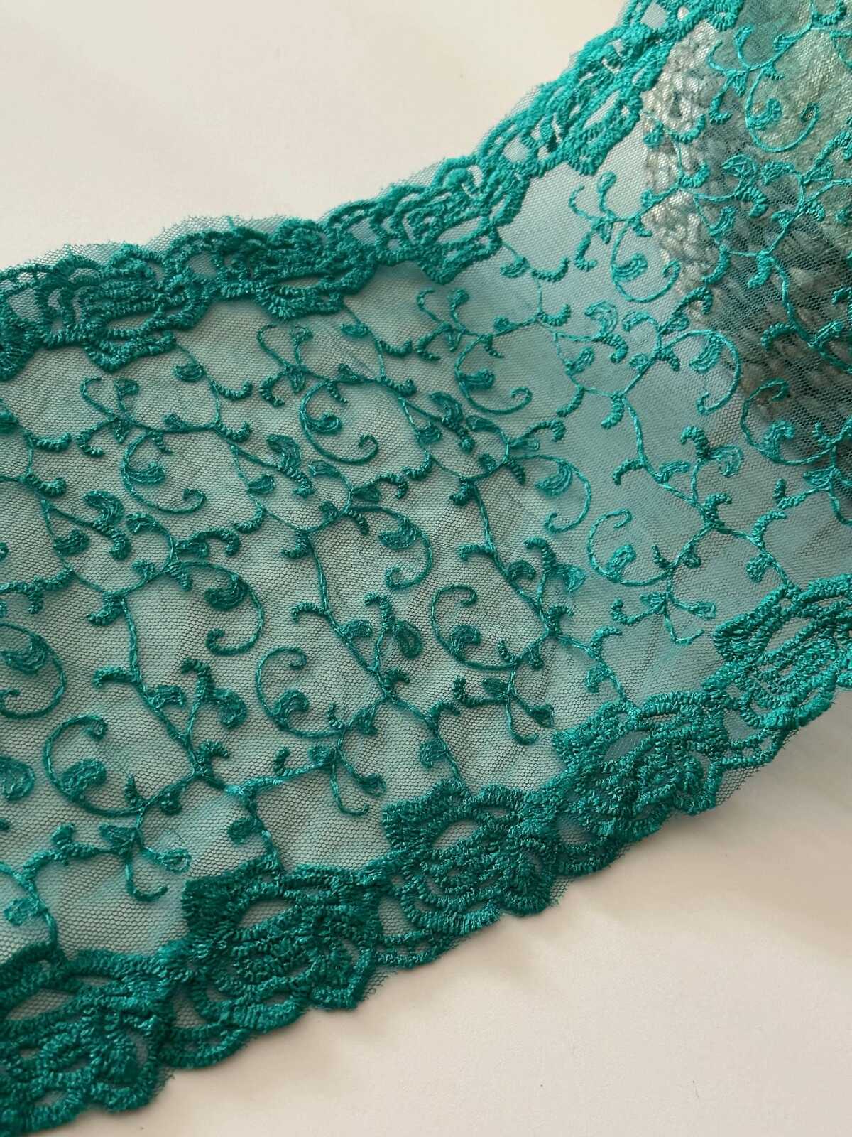 3Yds Teal Green Embroidered Lace, 7.2" Wide Cotton Trim, Bulk Clearance Coquette Y2K Lace, Garment Trim, DIY Sewing, Retail Wholesale
