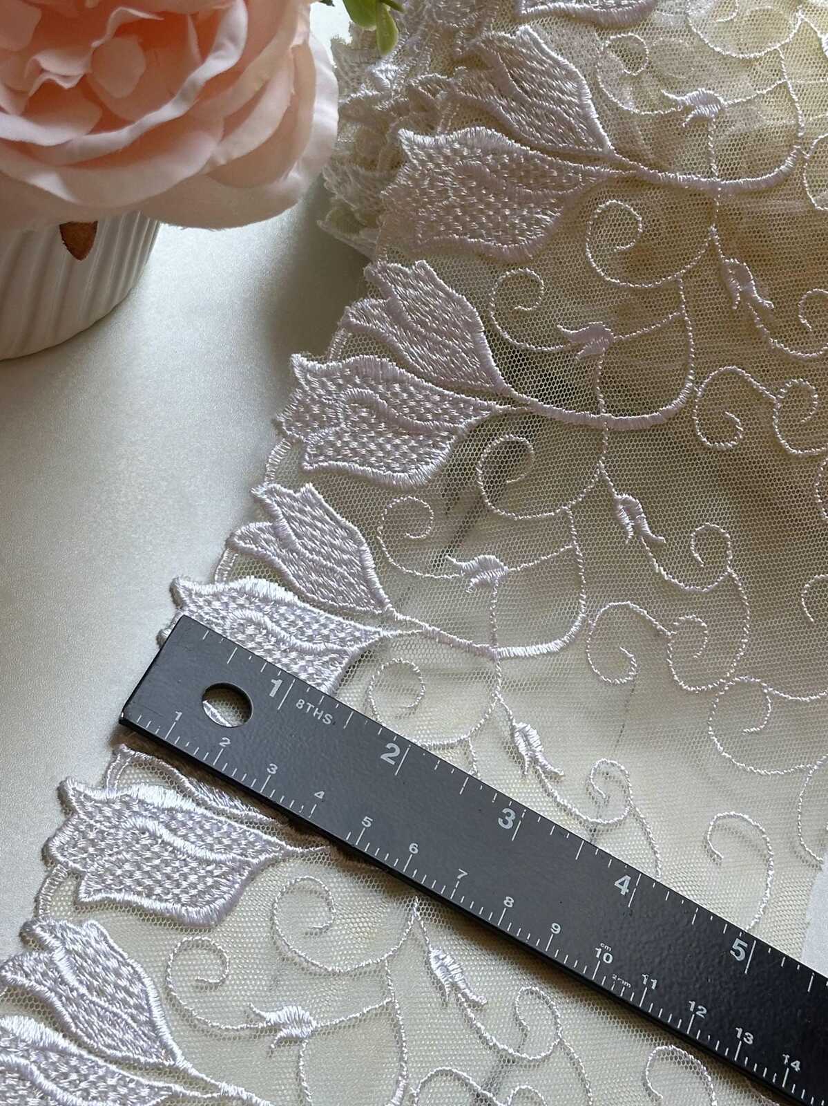 Butter Yellow Ivory Floral Embroidered Mesh Lace Trim by Yard, Tulip Scalloped Tulle Ribbon, 5.3", Retail Wholesale Bulk
